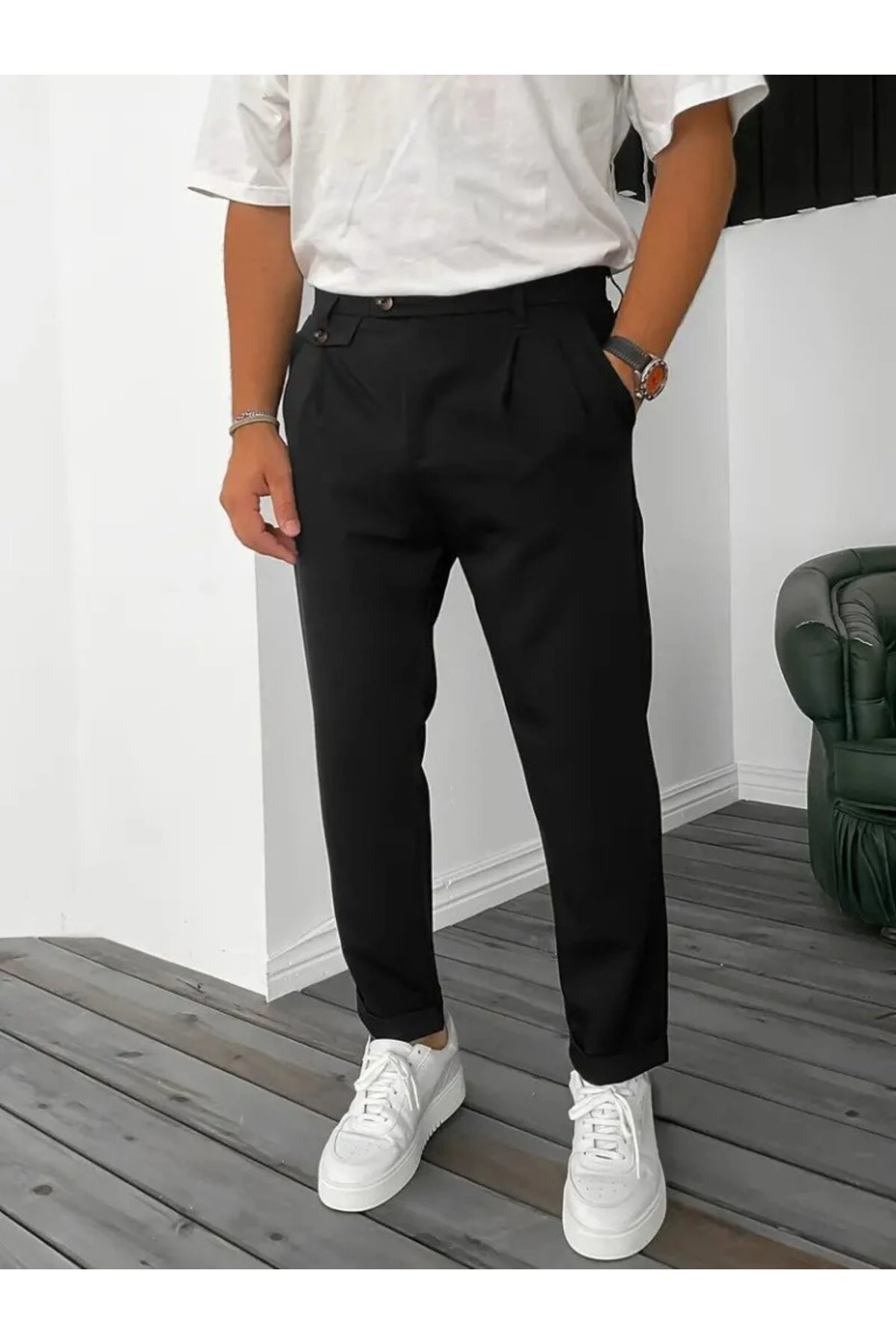 Erkek Belden Düğmeli Cepli Dokuma Pantolon