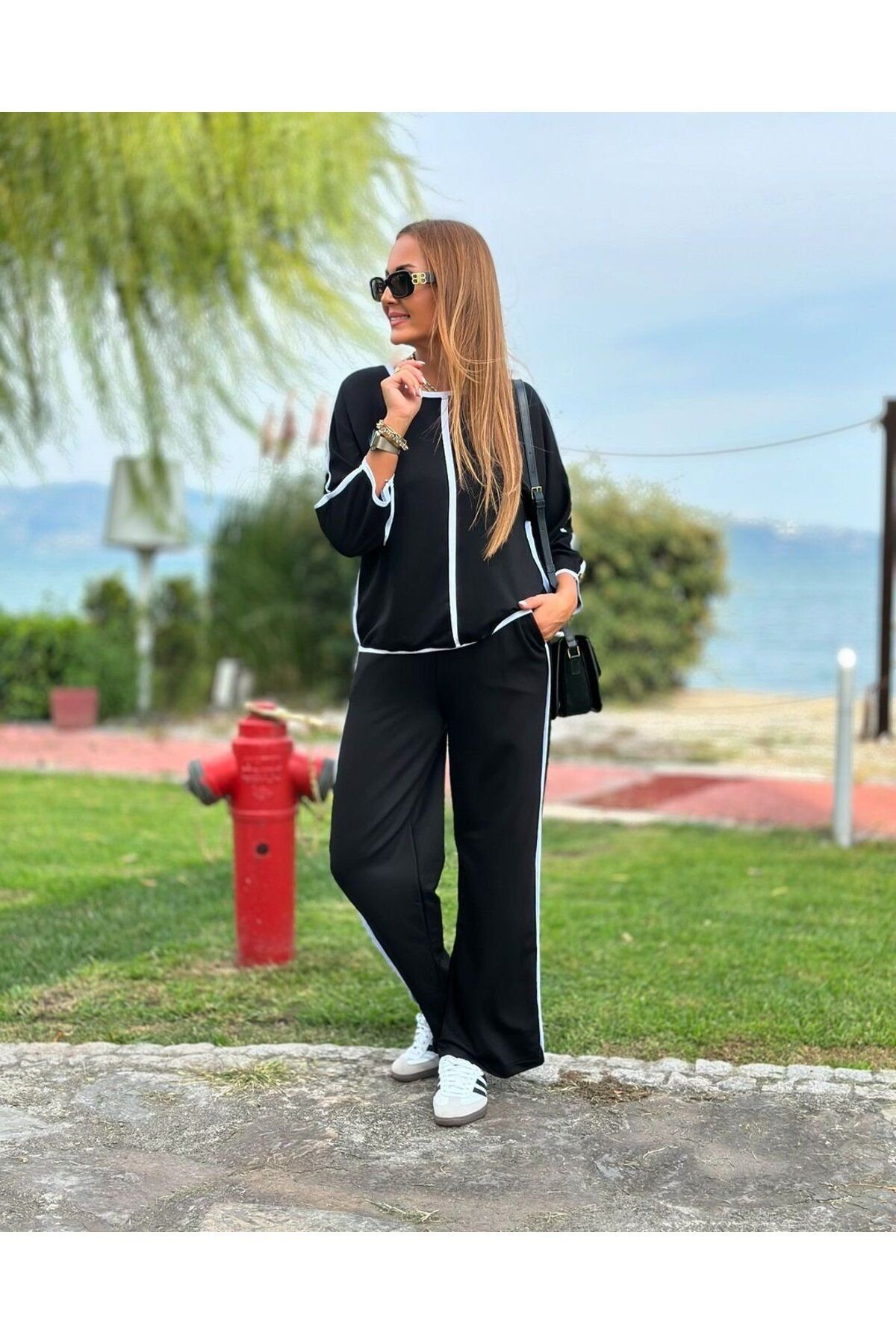 Kadın Bisiklet Yaka Truvakar Kol Biye Detay Bluz Ve Yüksek Bel Lastikli Pantolon Ikili Tak