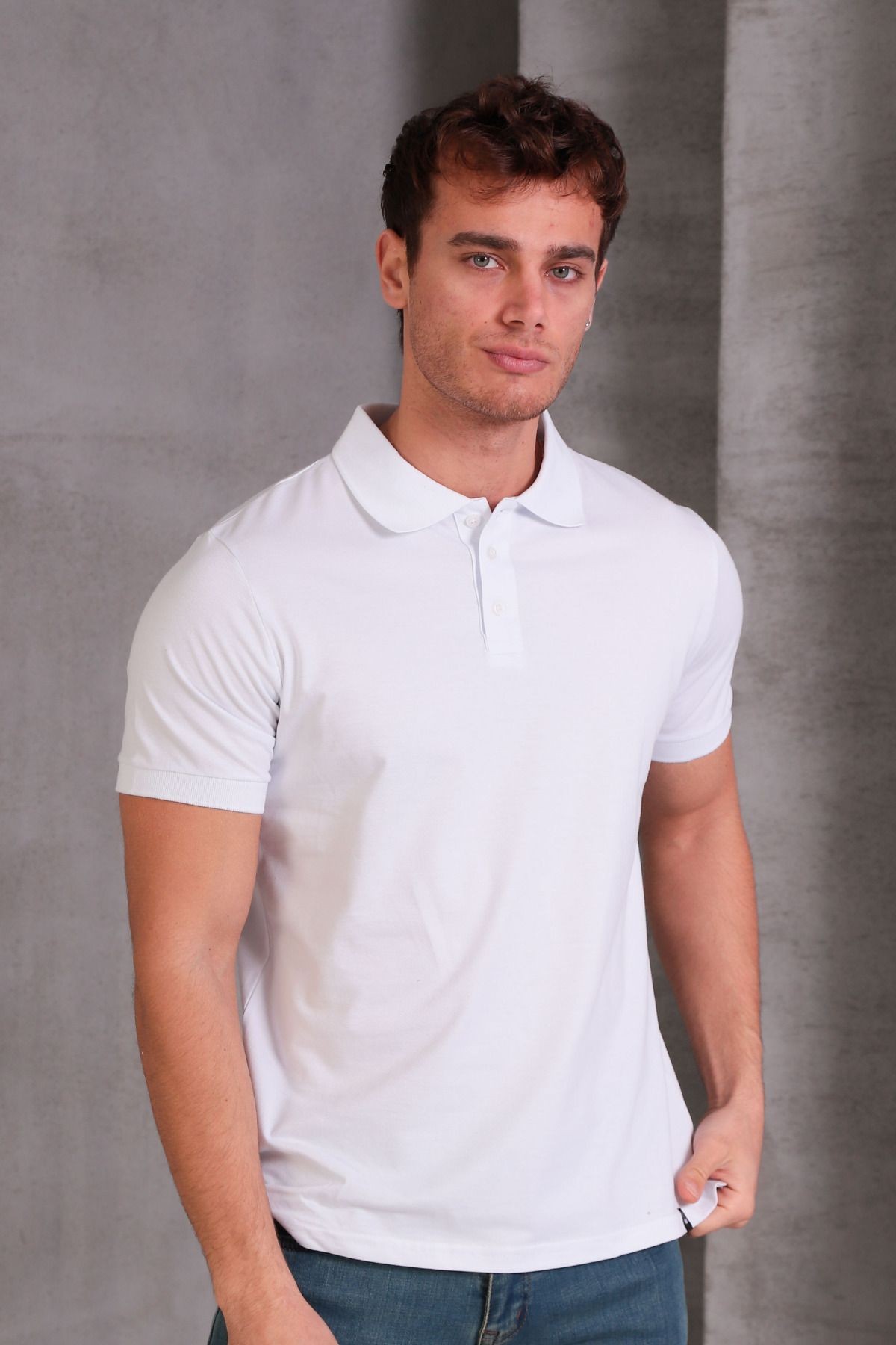Erkek Dar Kesim Slim Fit Pamuklu Yumuşak Doku Nefes Alan Kumaş Kıvrılmaz Yaka Polo Yaka Tişört