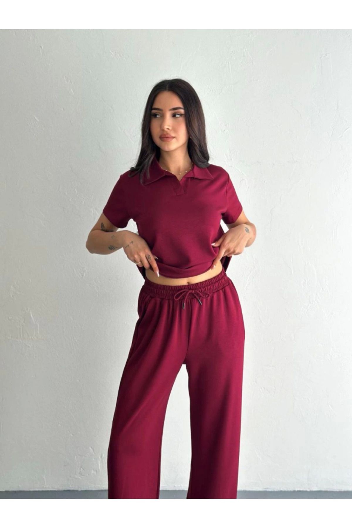 Osy Modal Yumuşak Dokulu Kumaş Kısa Kollu Yakalı T-shirt Pantalon Ikili Takım- Bordo