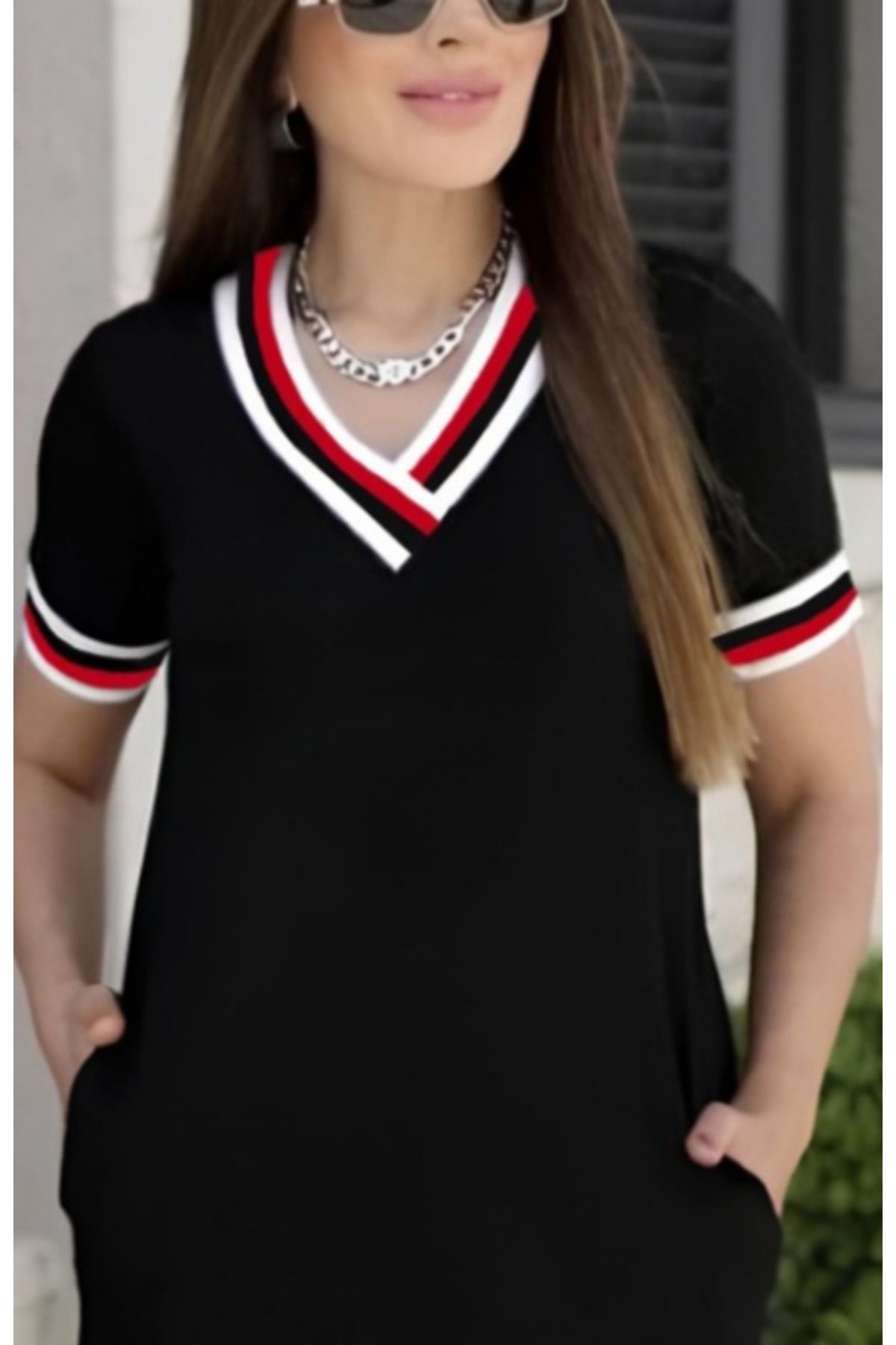 Kadın Kısa Kollu V Yaka Kol Ve Yaka Ribana Detay Midi Boy Viskon Elbise
