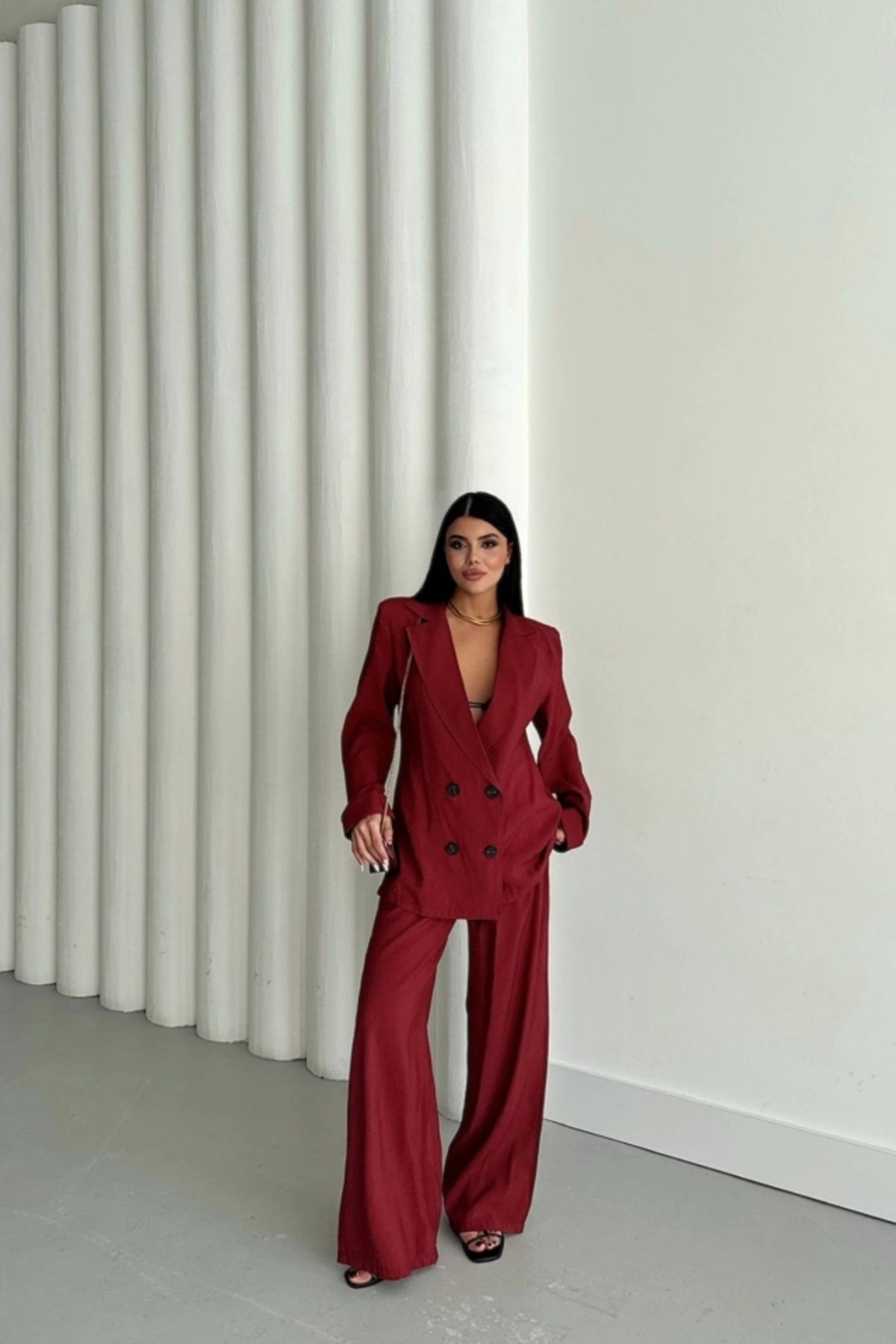 Modal 4 Düğme Astarsız Ceket - Pantolon Takım - Bordo