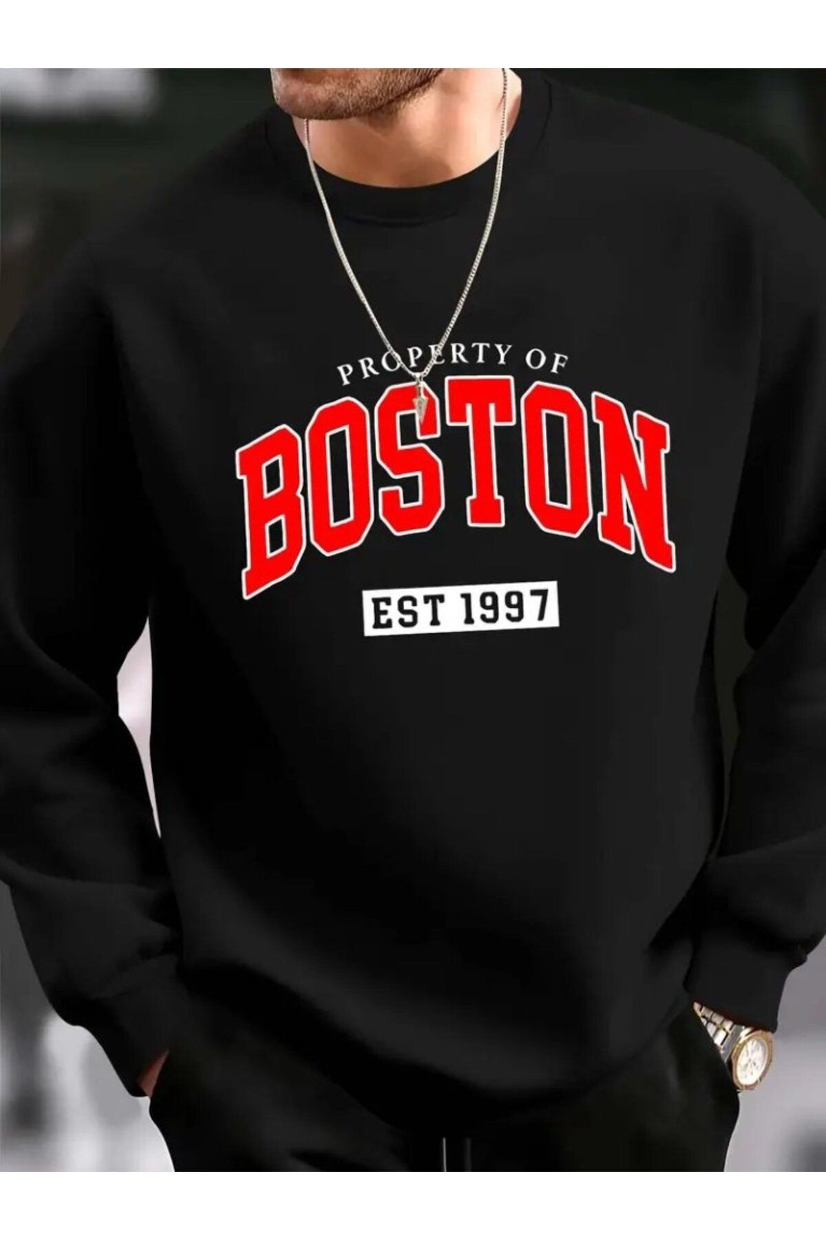 Erkek Uzun Kollu Bisiklet Yaka Boston Yazılı Iki Iplik tişört