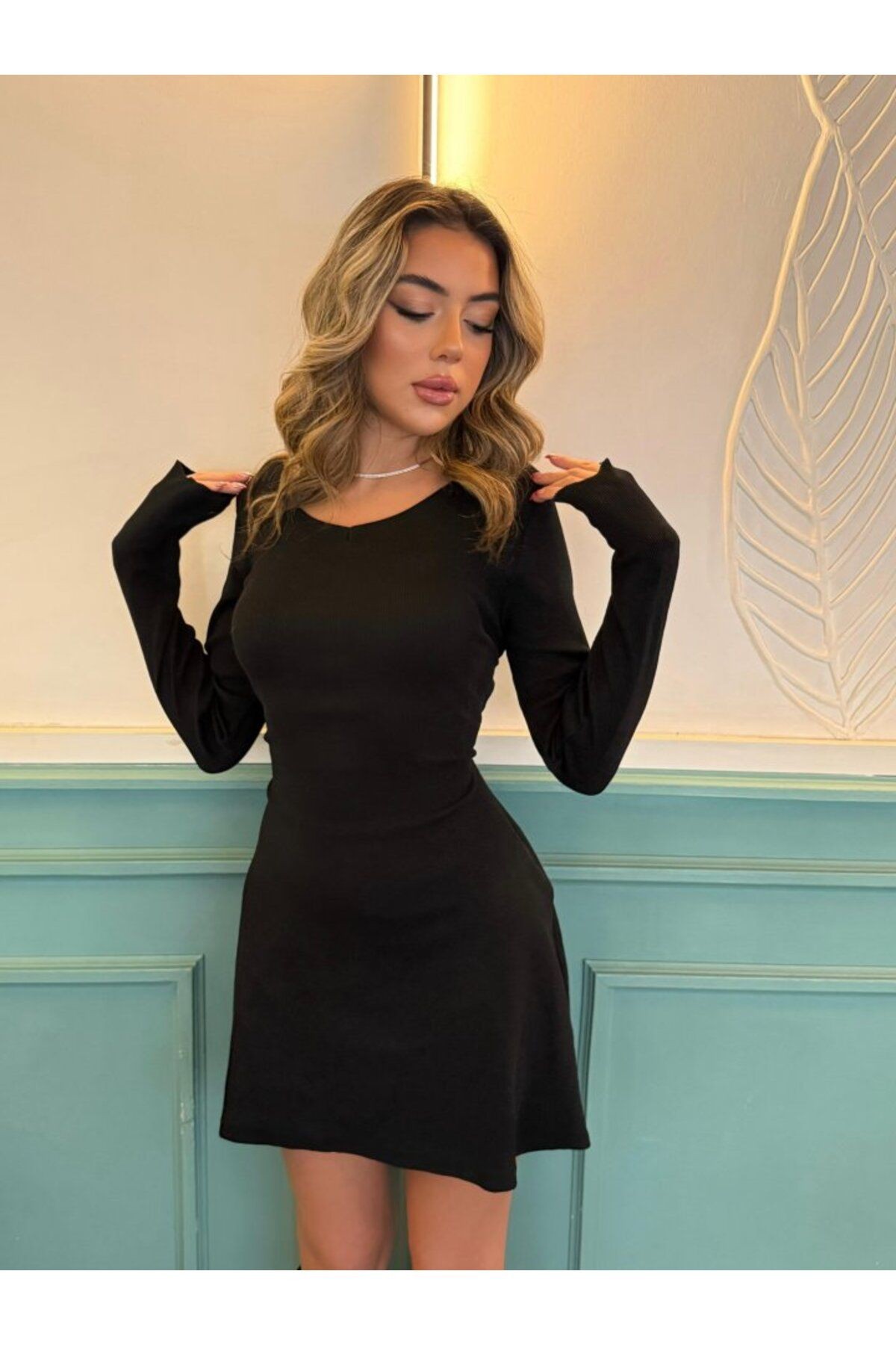 Kadın Uzun Kollu Bisiklet Yaka Kısa Kaşkorse Elbise