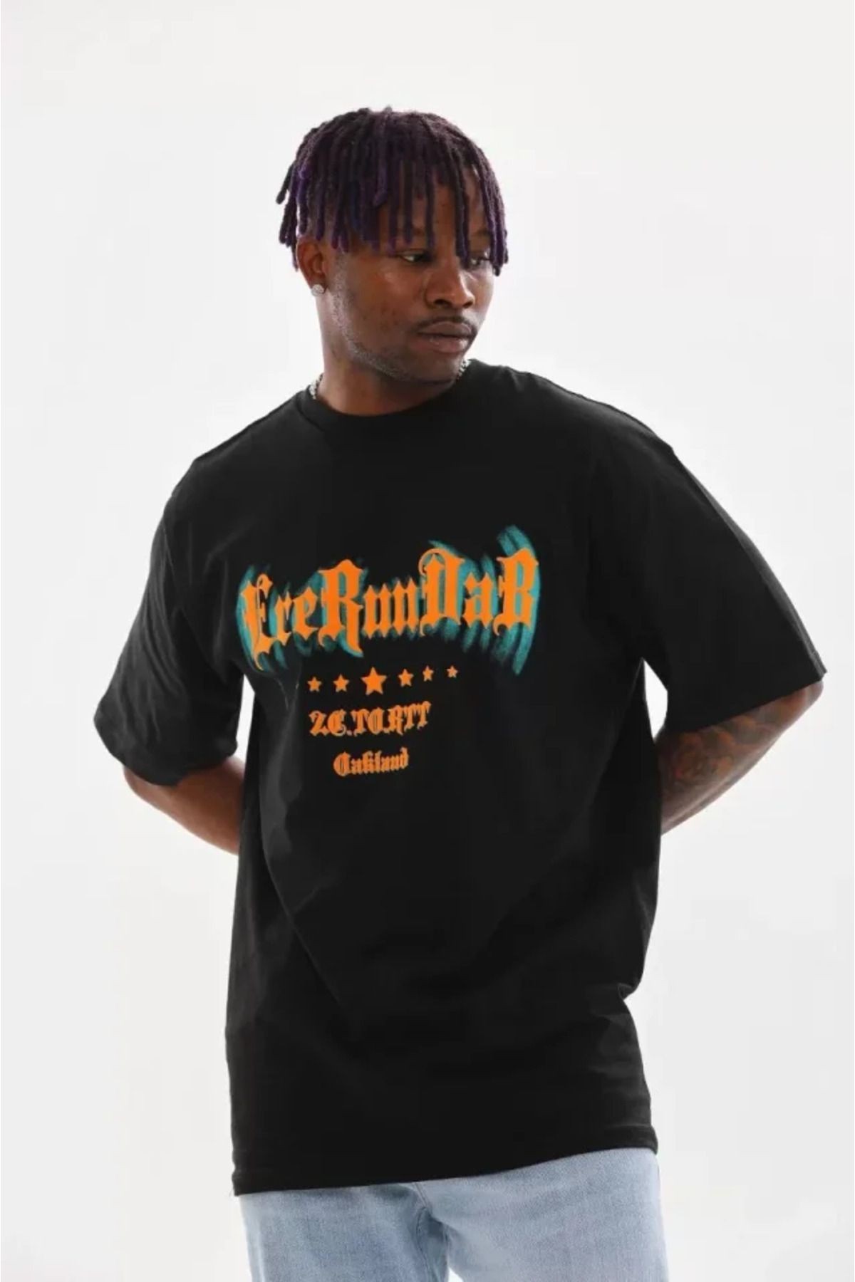 Unisex Baskılı Oversize T-Shirt - Siyah