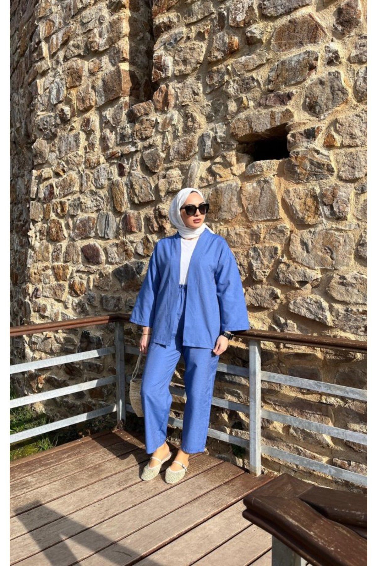 Kadın Uzun Kollu önü Açık Dokuma Ceket Ve Pantolon Ikili Takım