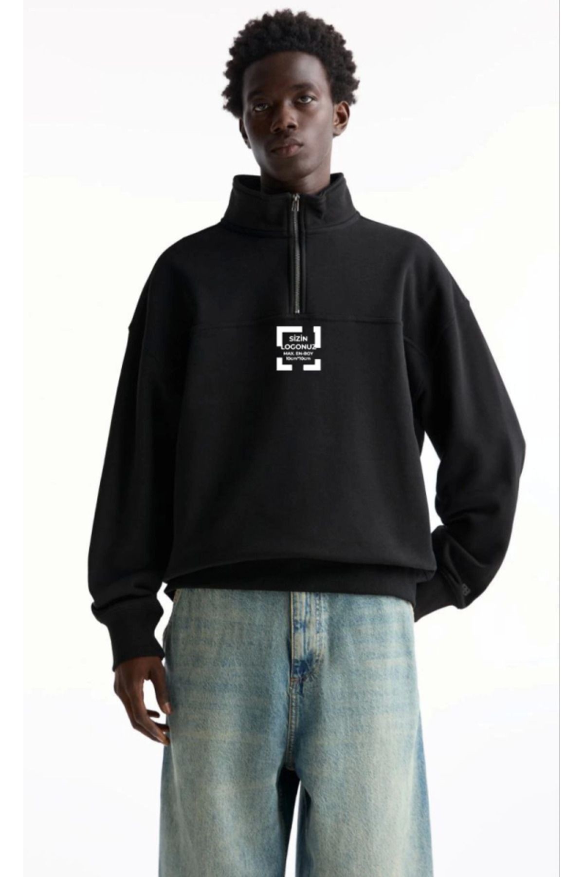 Oversize Yarım Farmuarlı Yakalı Özel Tasarım Basic SweatShirt - Siyah