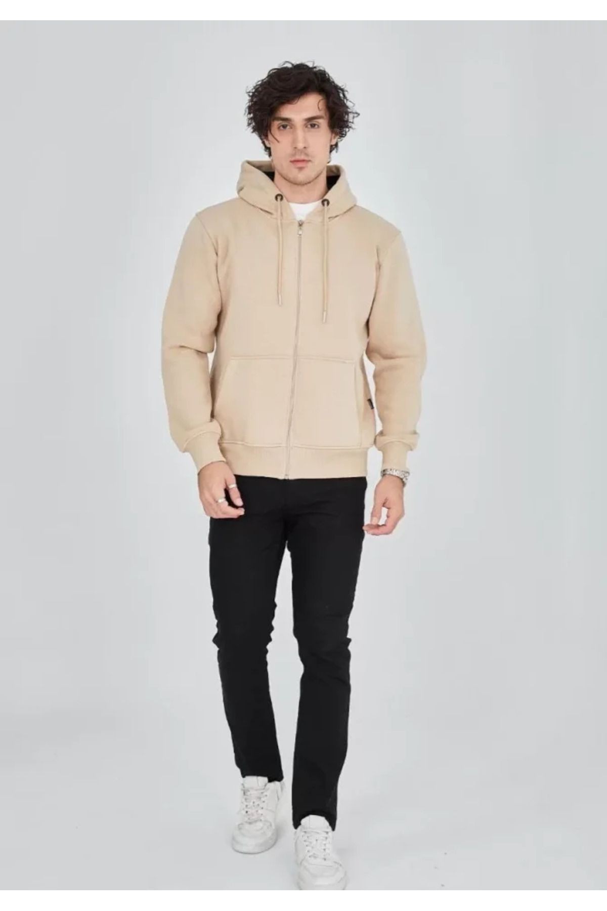Unisex Tam Fermuarlı Kapşonlu SweatShirt - Bej