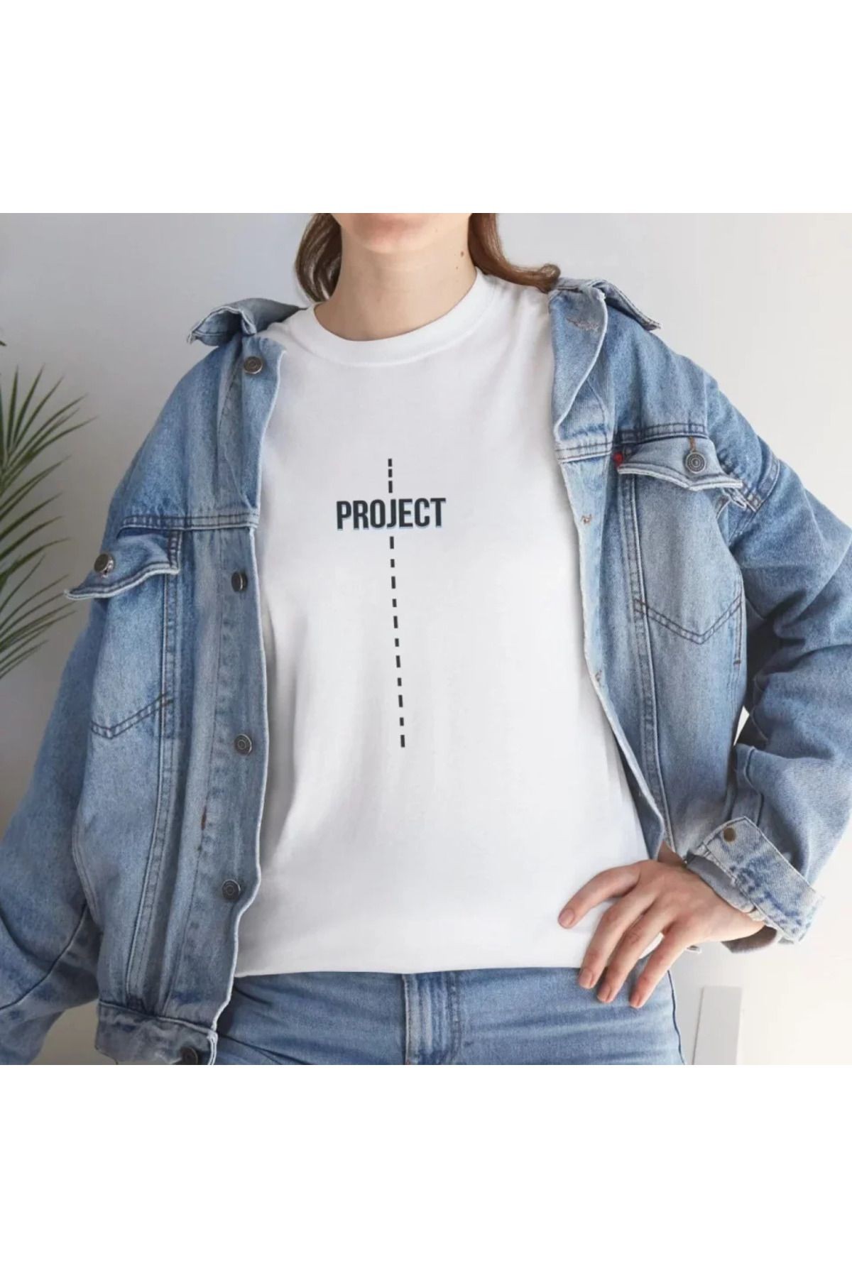 Unisex Bisiklet Yaka Baskılı T-Shirt - Beyaz