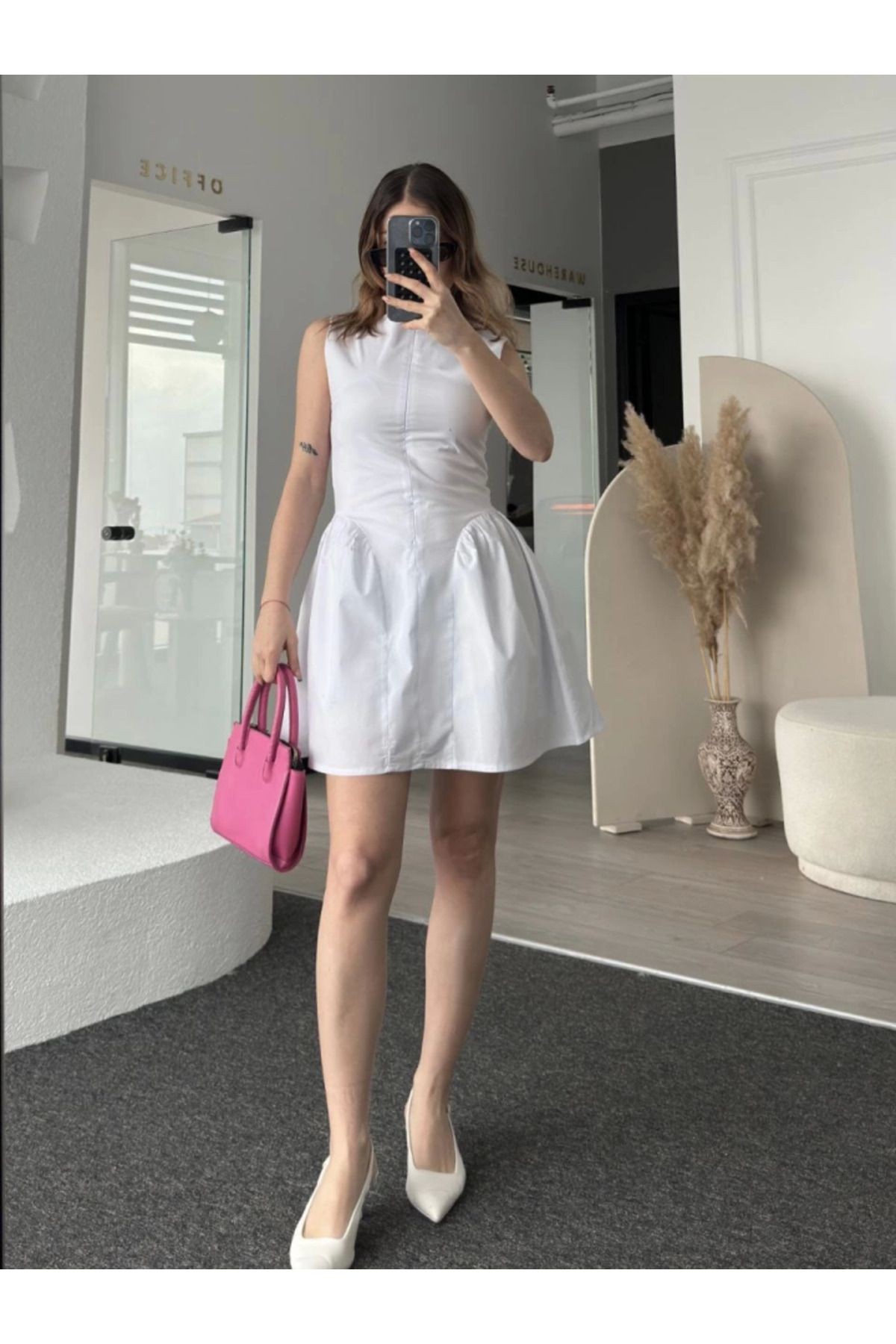 Fermuar Detaylı Mini Elbise - Beyaz