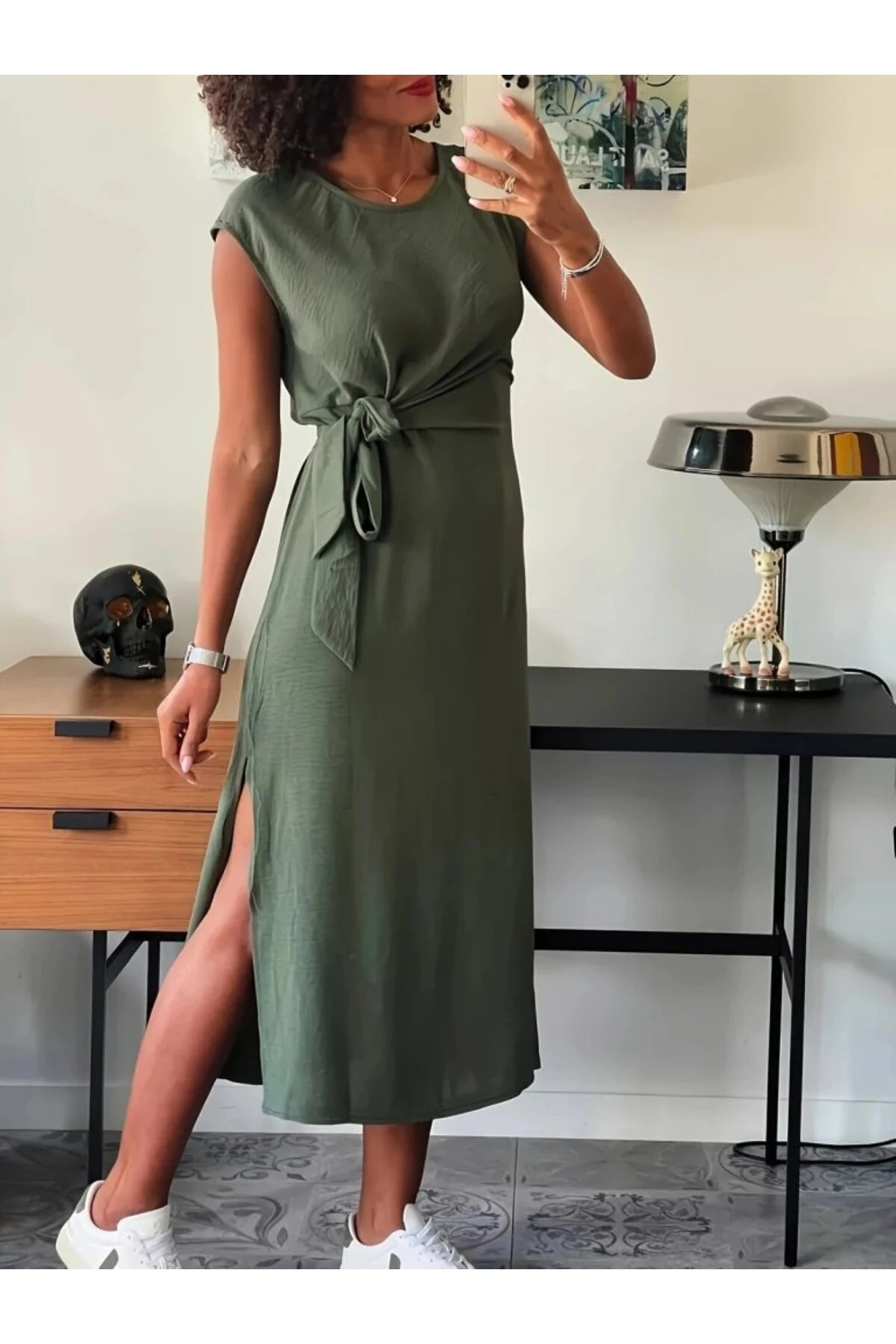 mrpurple Kadın Kısa Kollu Yuvarlak Yaka Belden Bağcıklı önden Yırtmaçlı Aerobin Elbise