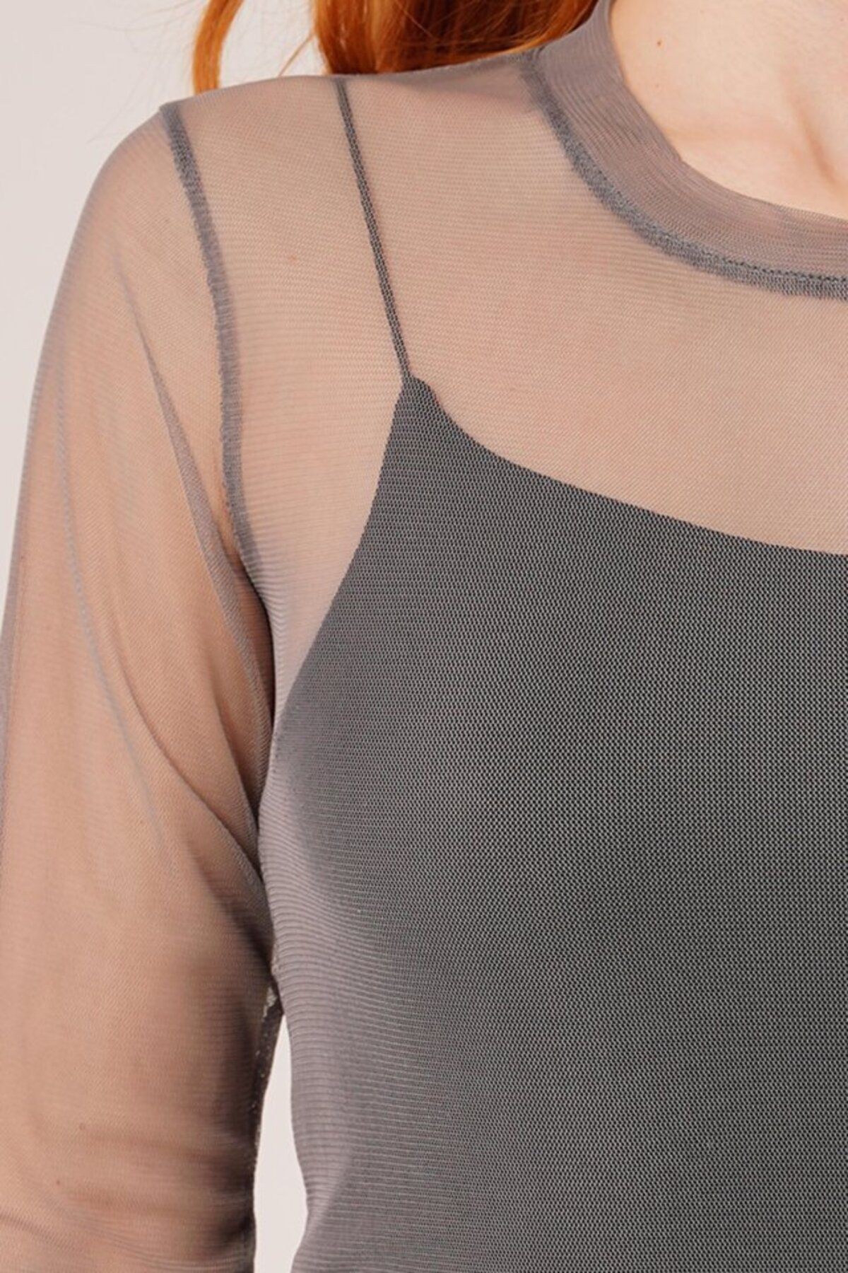 Transparan Gri Tül Basic Bluz