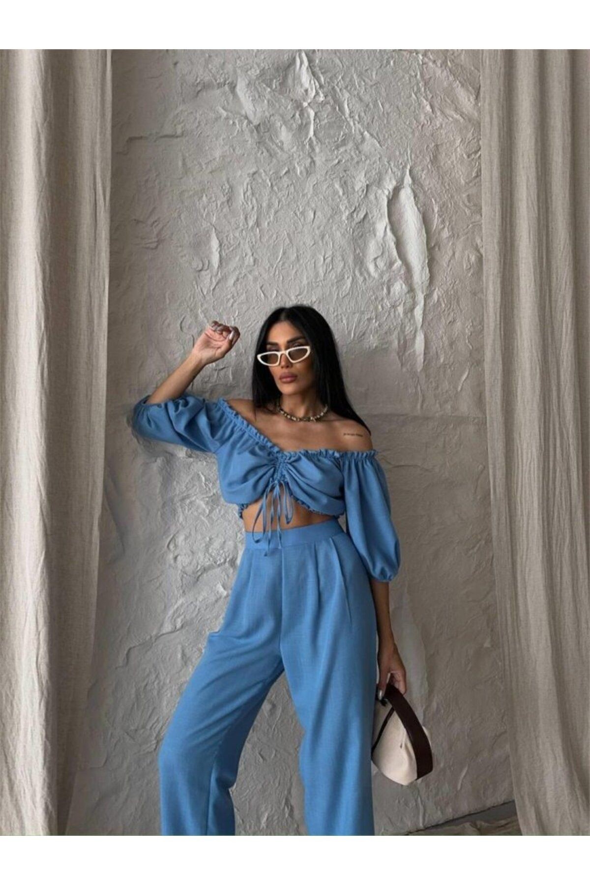 KETEN CROP BLUZ BÜZGÜ YAKA + PANTOLON TAKIM - Mavi