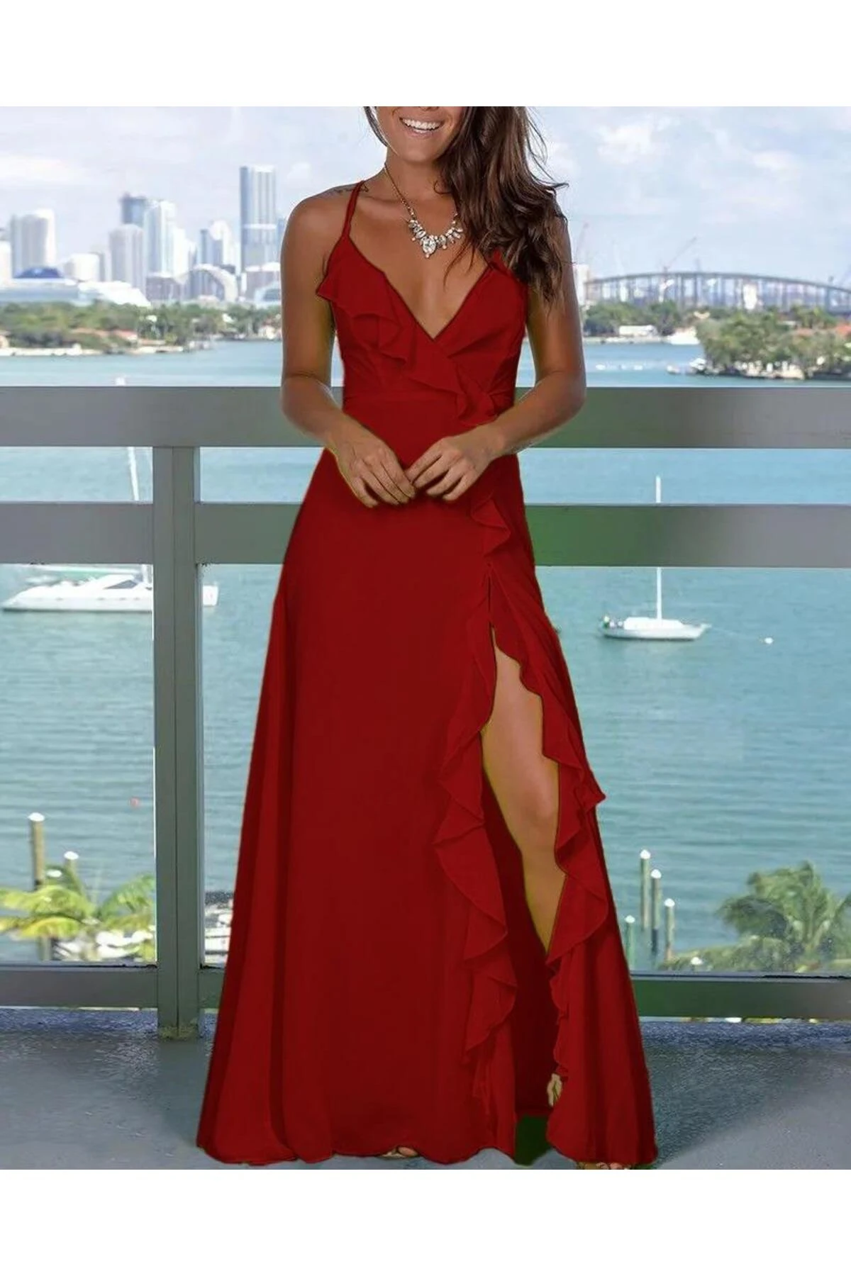 Kadın Ip Askılı Dekolteli Yırtmaç Detay Krep Elbise