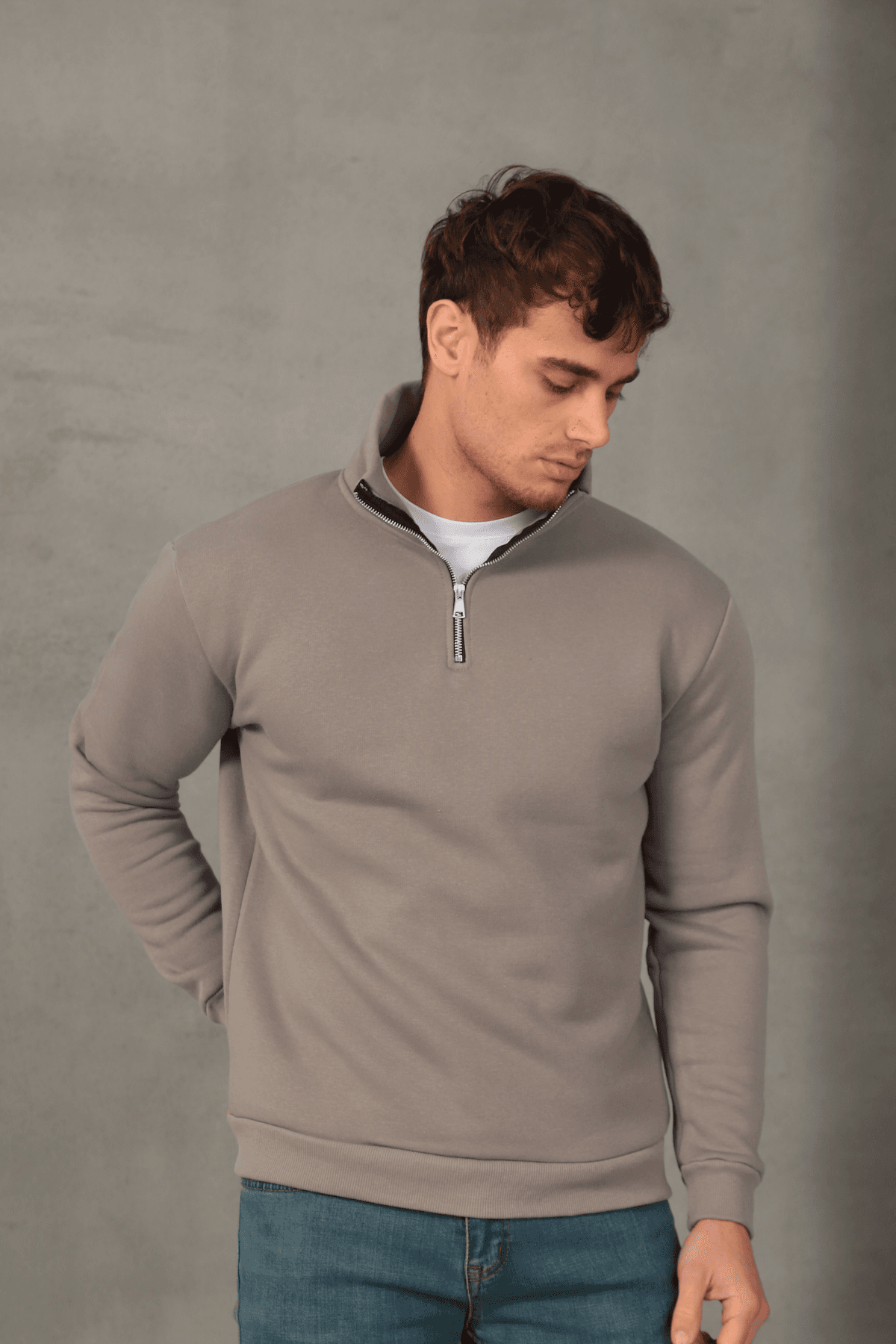 Unisex Relax Fit Rahat Kesim Yumuşak Dokulu İçi Polarlı Yarım Fermuarlı Dik Yaka Sweatshirt