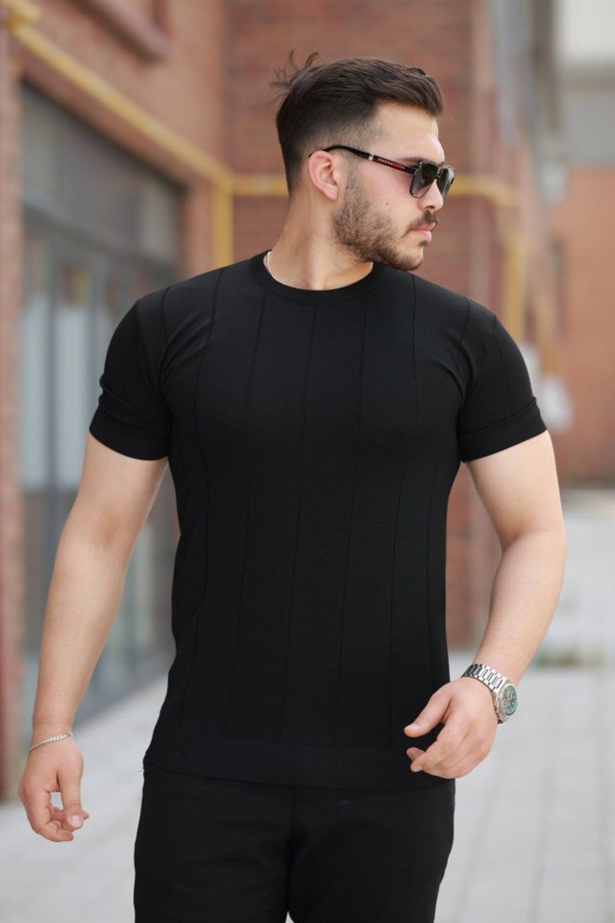 Erkek Ince çizgi Dokulu Bisiklet Yaka Kısa Kollu T-shirt