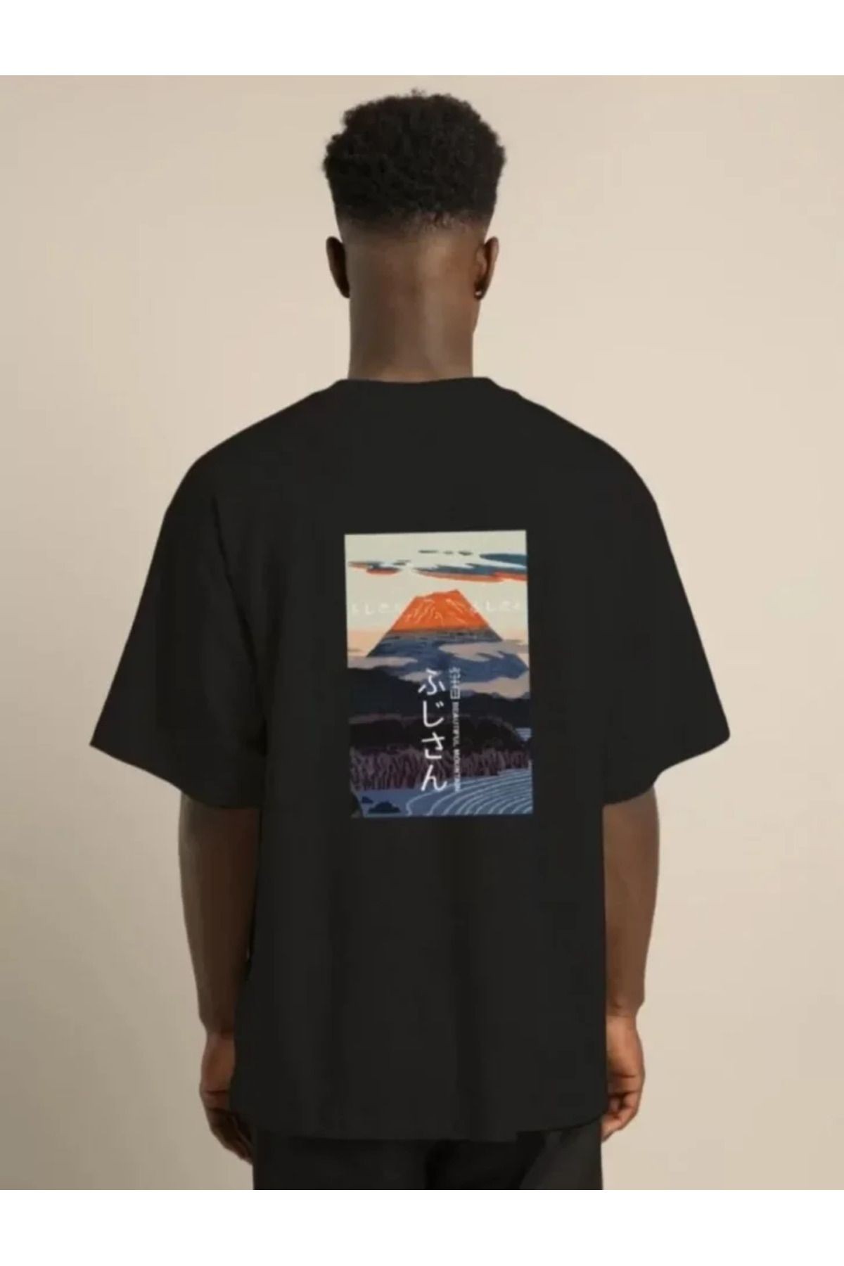 Unisex Bisiklet Yaka Baskılı Oversize T-Shirt - Siyah