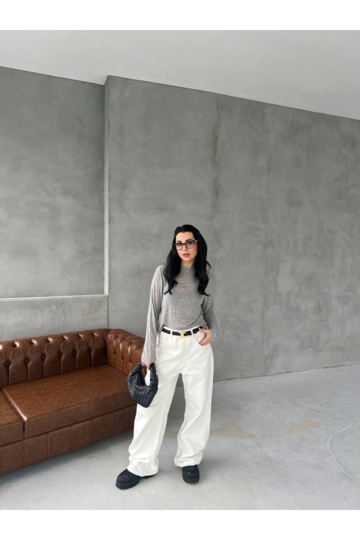 Bisiklet Yaka Uzun Kollu Crop - Gri