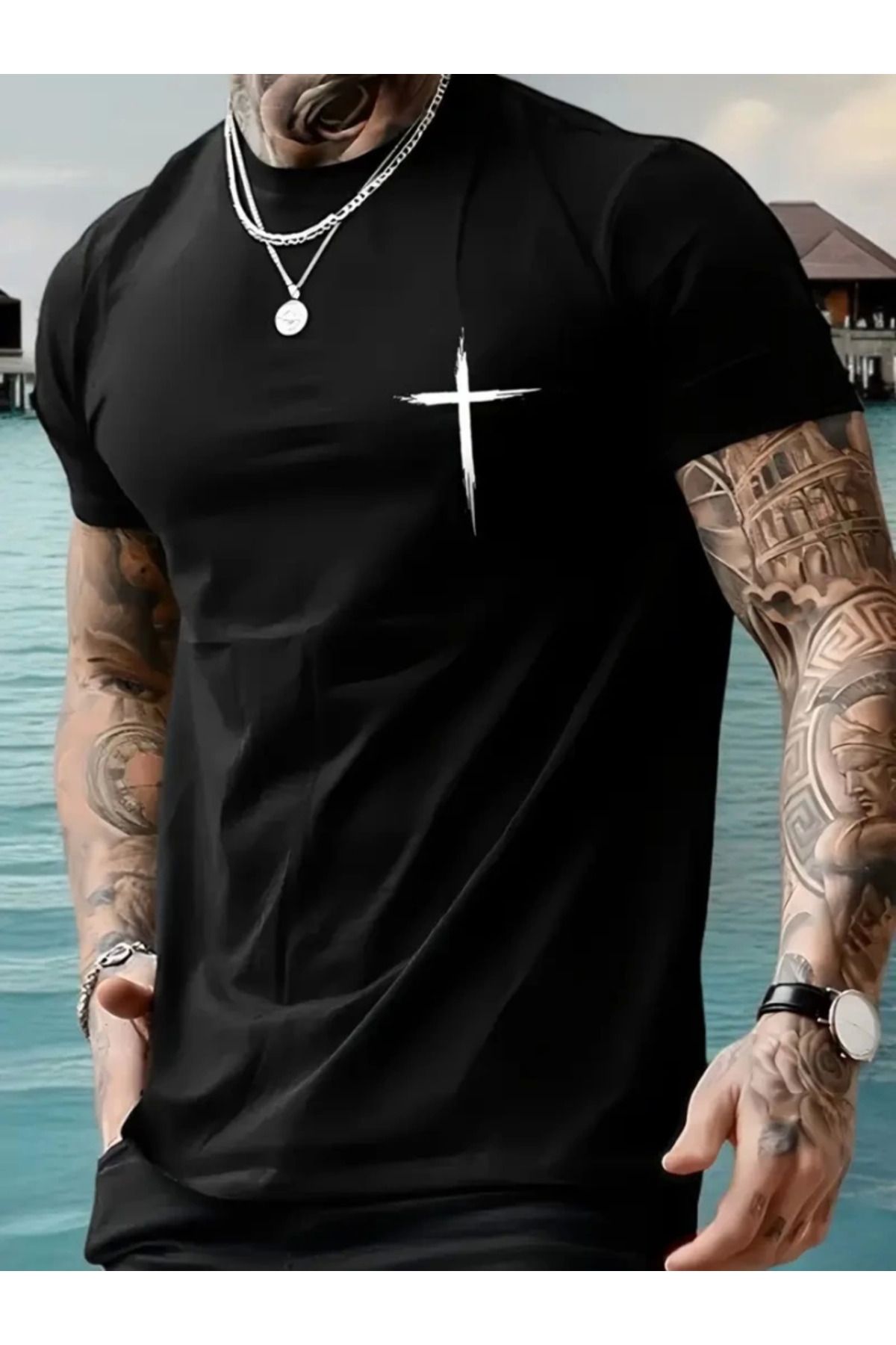 Baskılı Oversize Bisiklet Yaka T-shirt - Siyah
