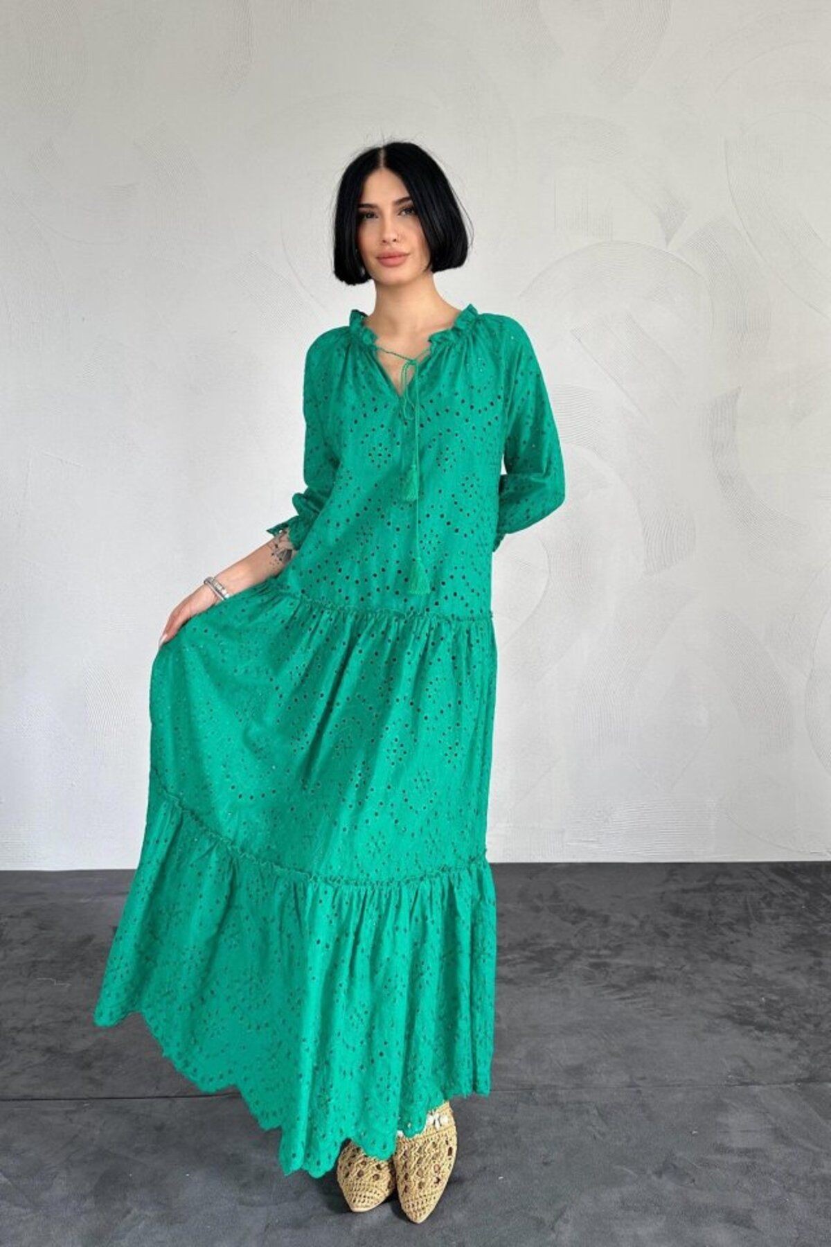 TİANA Yeşil Dantelli New Elbise