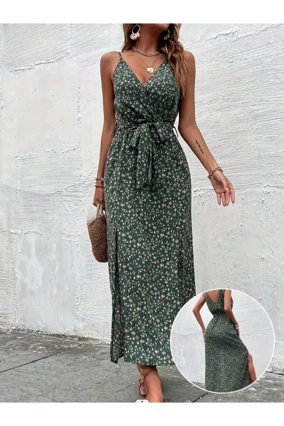 Evyora Kadın Ip Askılı Kruvaze Yakalı Yırtmaçlı Uzun Desenli Kuşaklı Süprem Elbise