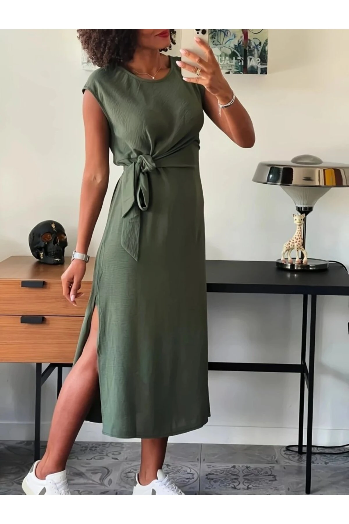 mrpurple Kadın Kısa Kollu Yuvarlak Yaka Belden Bağcıklı önden Yırtmaçlı Aerobin Elbise