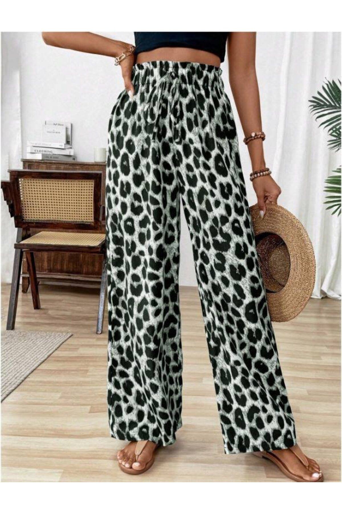 Kadın Süprem Kumaş Beli Lastikli Leopar Desen Pantolon