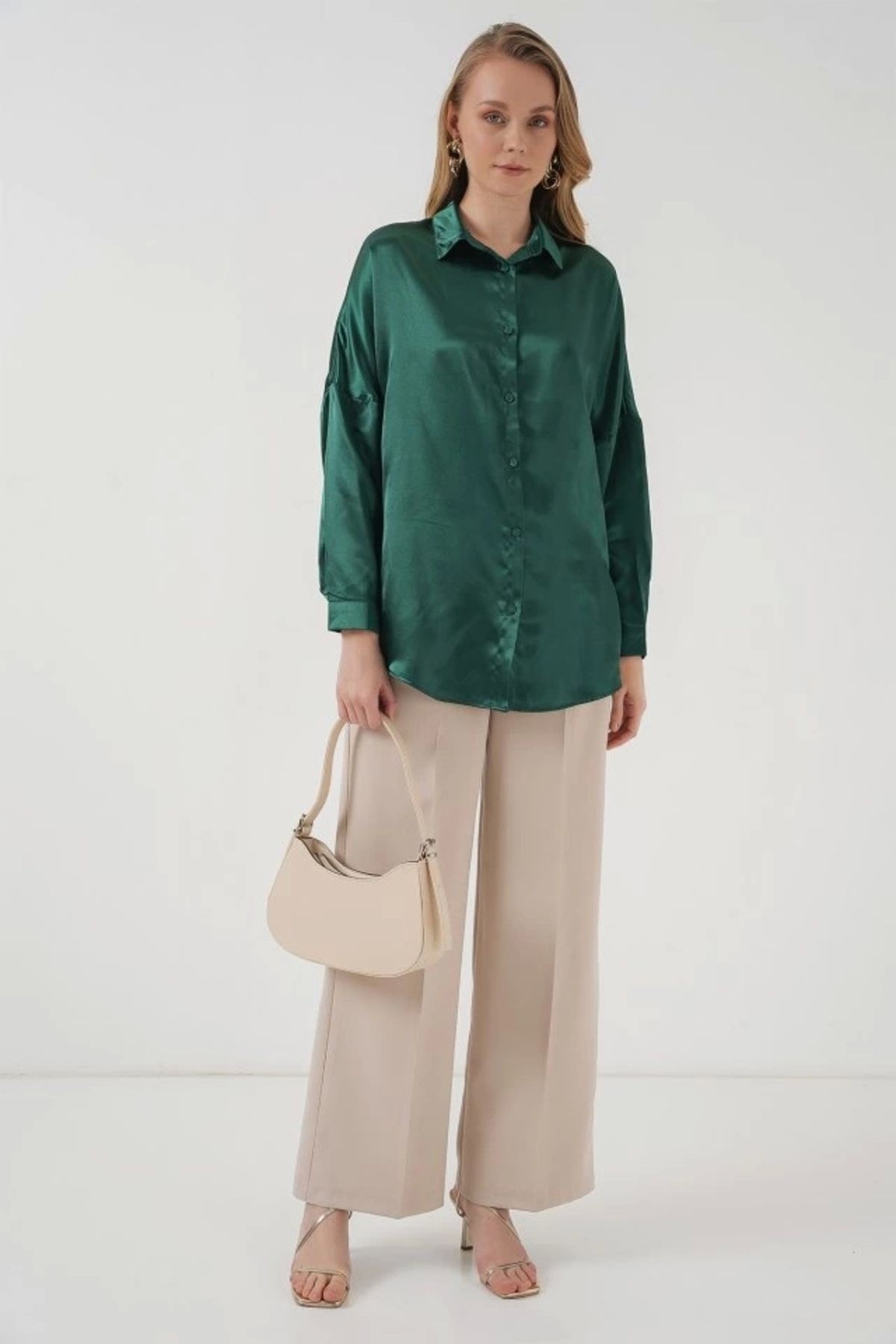 3985 Oversize Saten Gömlek -  Yeşili