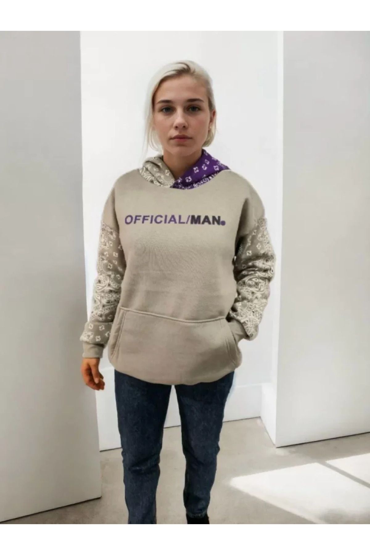 Baskılı Kapüşonlu Sweatshirt - Gri