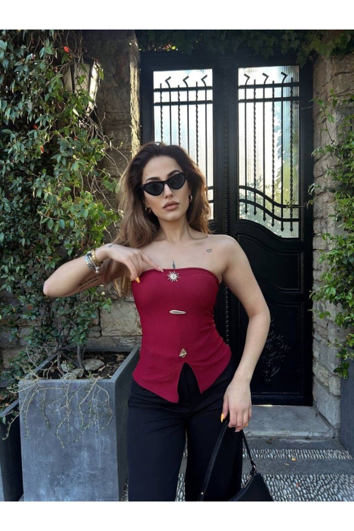 Kadın Ottoman Kumaş Düğme Detaylı Büstiyer Crop