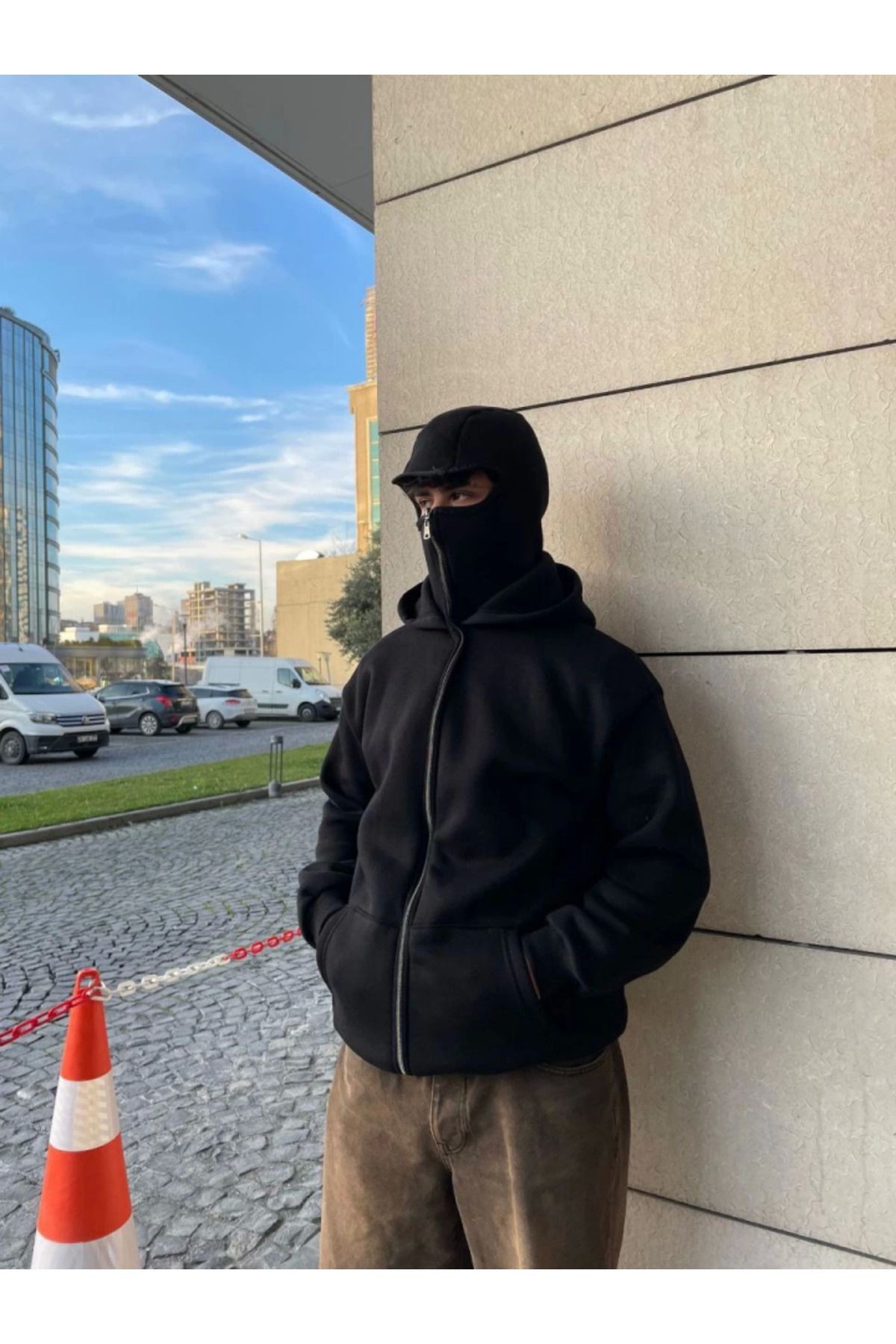Samuray Kapüşonlu ZIP Fermuarlı Kapüşonlu Özel Tasarım SweatShirt - Siyah