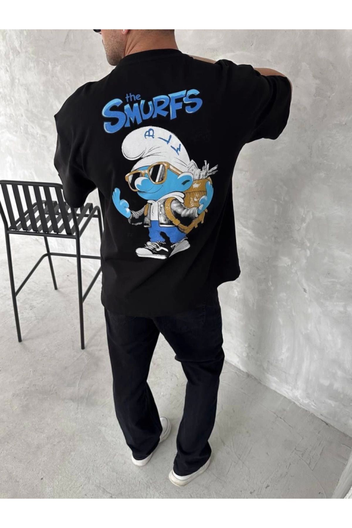 Ön Ve Arka Baskılı Oversize Bisiklet Yaka T-shirt- Siyah