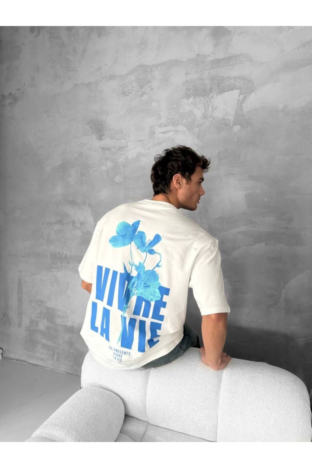 Ön Ve Arka Baskılı Oversize Bisiklet Yaka T-shirt- Beyaz