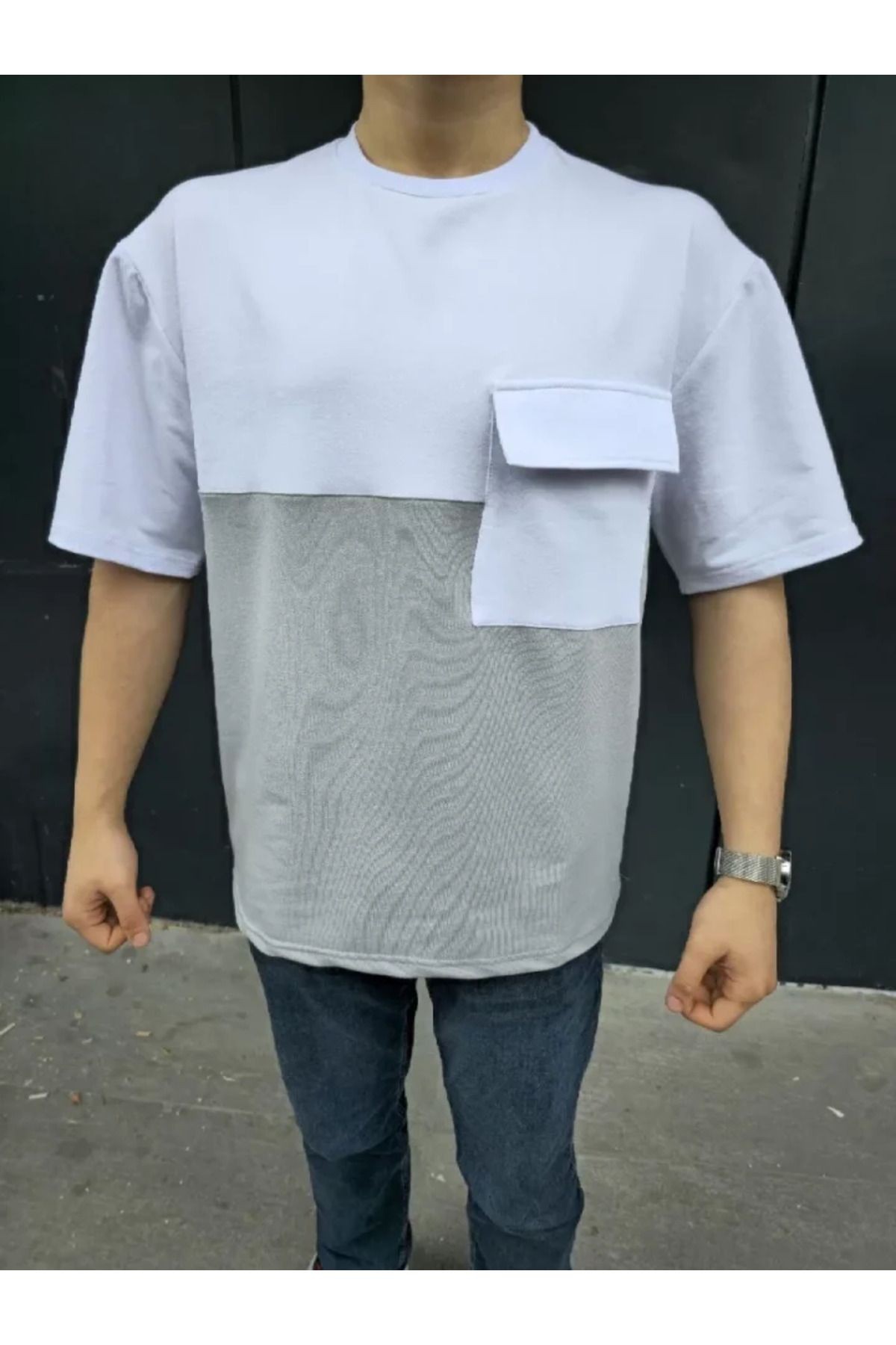 Unisex Torba Cep Detaylı Parçalı T-Shirt - Gri