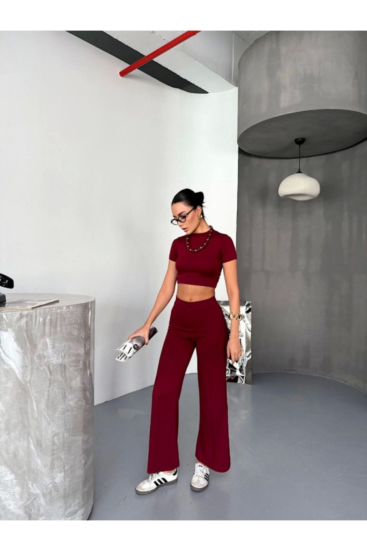 Modal Yumuşak Dokulu Kumaş Kısa Kollu Crop Alt Ispanyol Paça Pantalon Ikili Takım - Bo