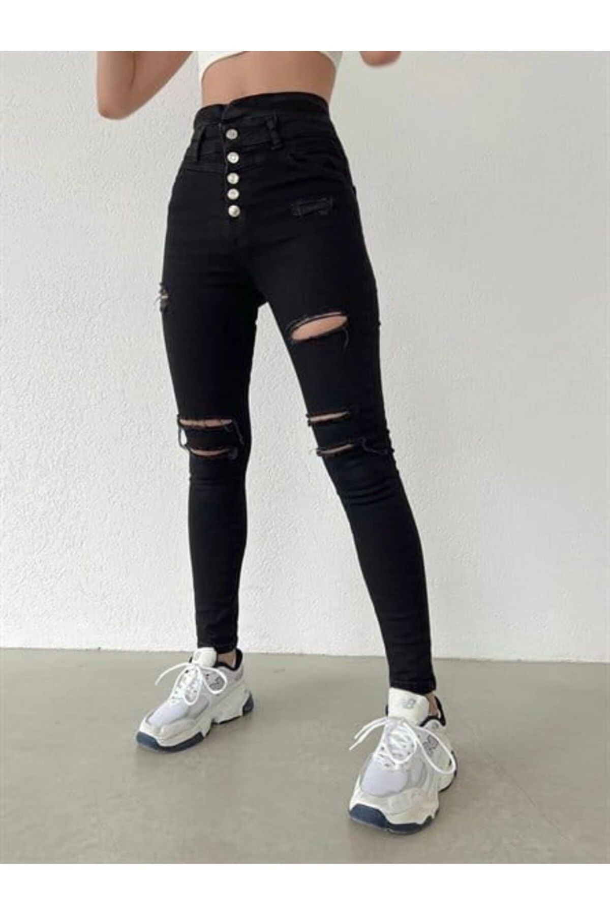 Melenza Kadın 5 Düğmeli V Detay Bel Yırtık Kot Pantolon