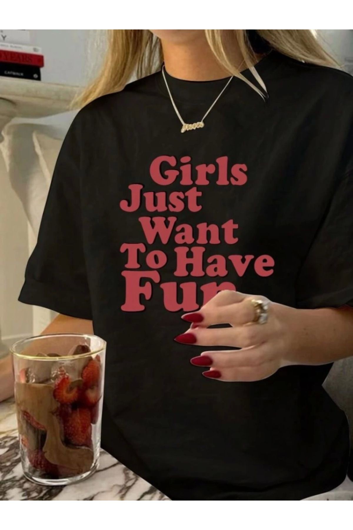 Baskılı Oversize T-shirt - Siyah