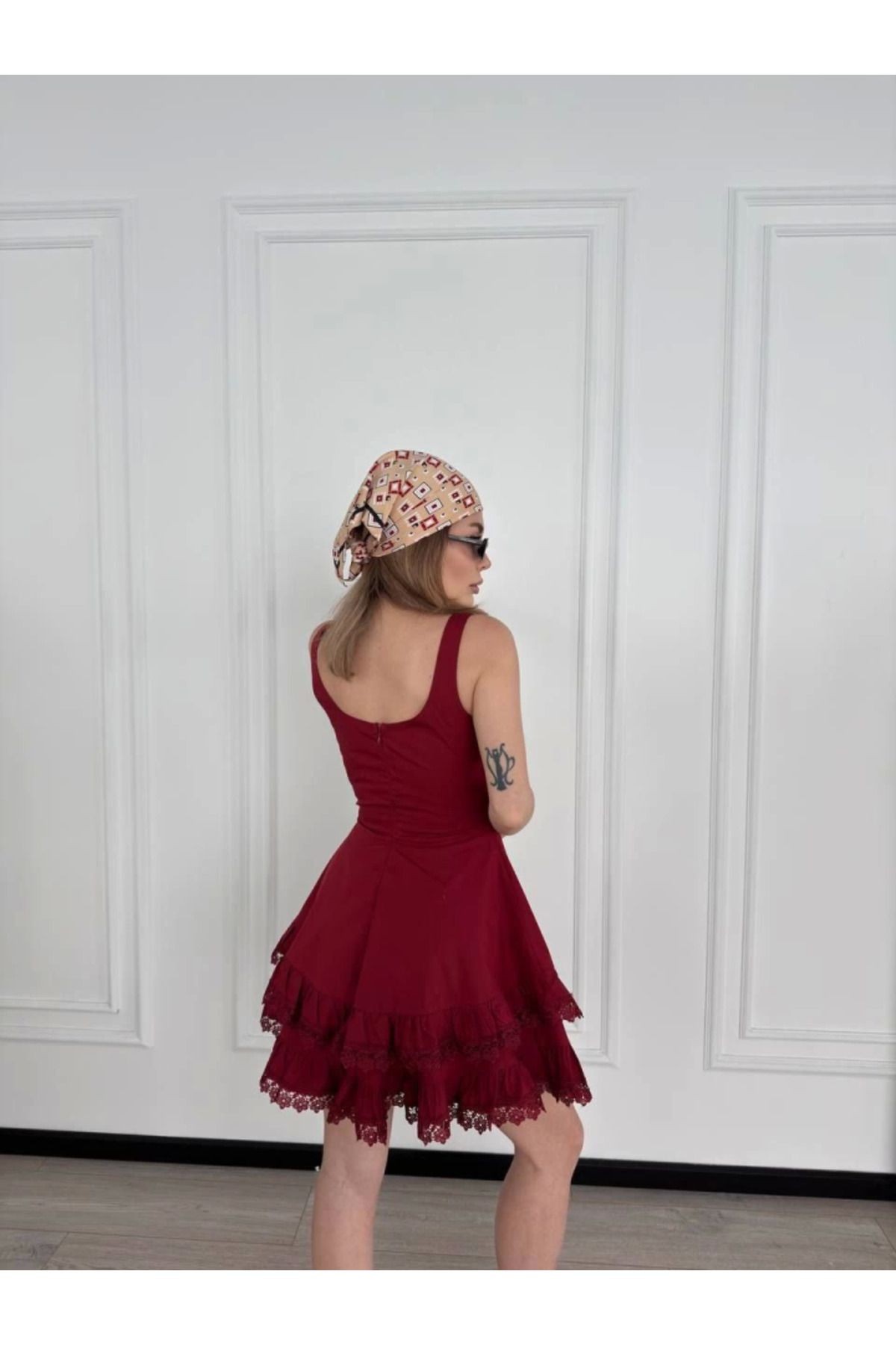 Fırfırlı Askılı Mini Elbise - Bordo