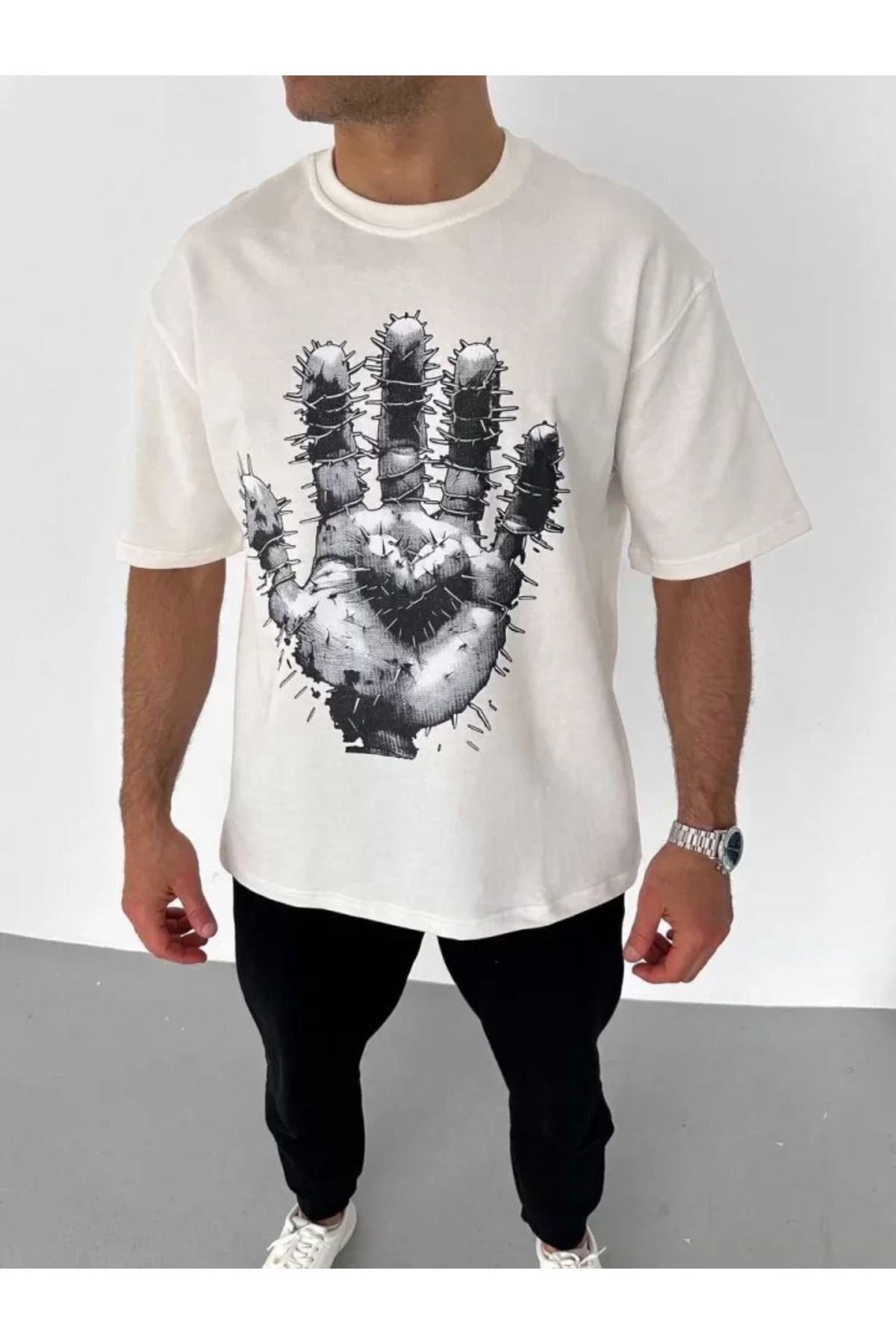 Unisex Bisiklet Yaka Baskılı Oversize T-Shirt - Beyaz