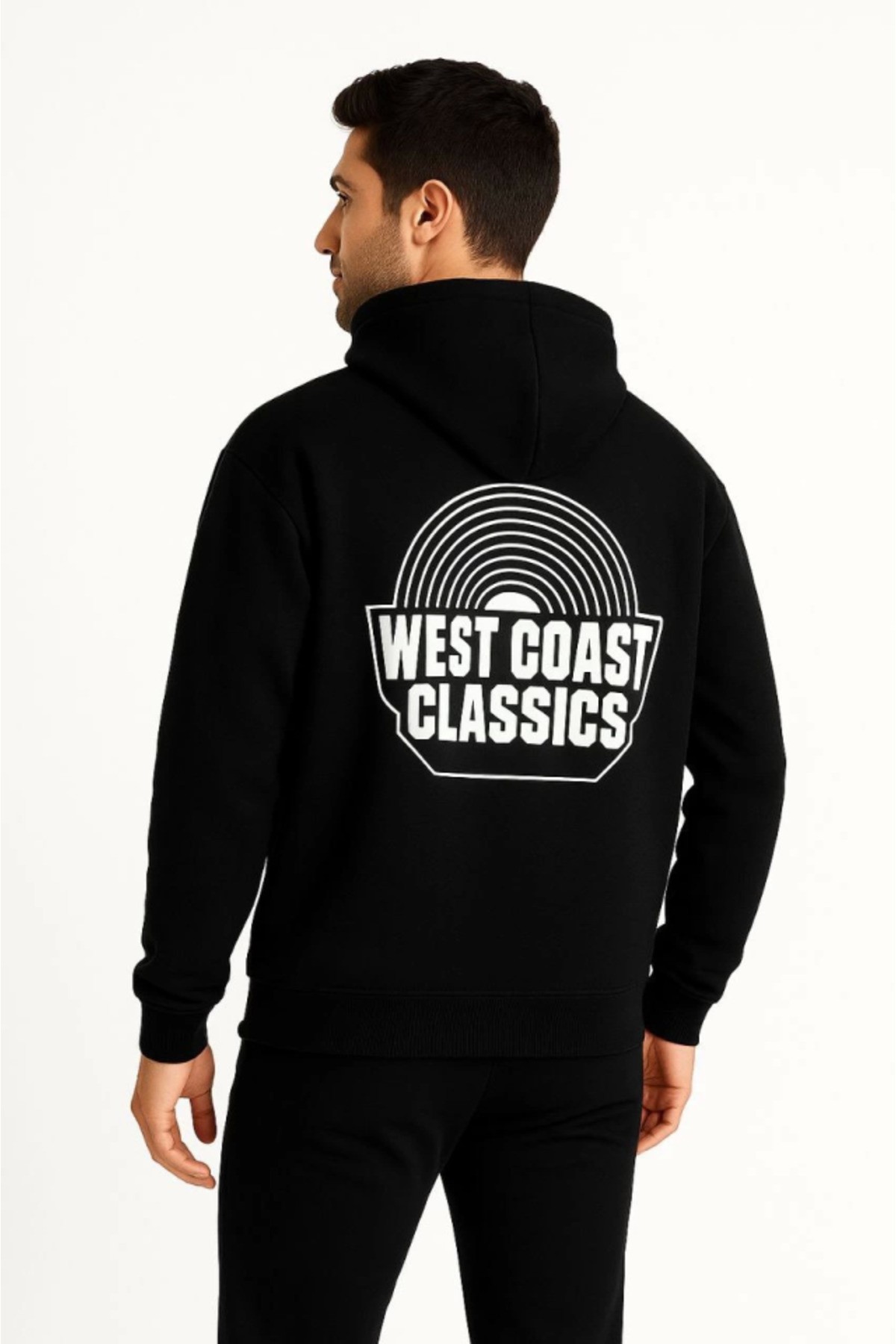 Erkek Üç İplik Kapüşonlu Ön Ve Arka Baskılı SweatShirt Hoodie - Siyah