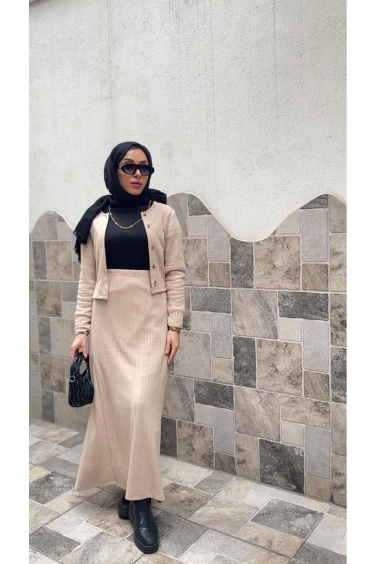 Mottisfashion Kadın Uzun Kollu önden Düğmeli Bluz Ve Yüksek Bel A Kesim Uzun Etek şardonlu Kaşkorse