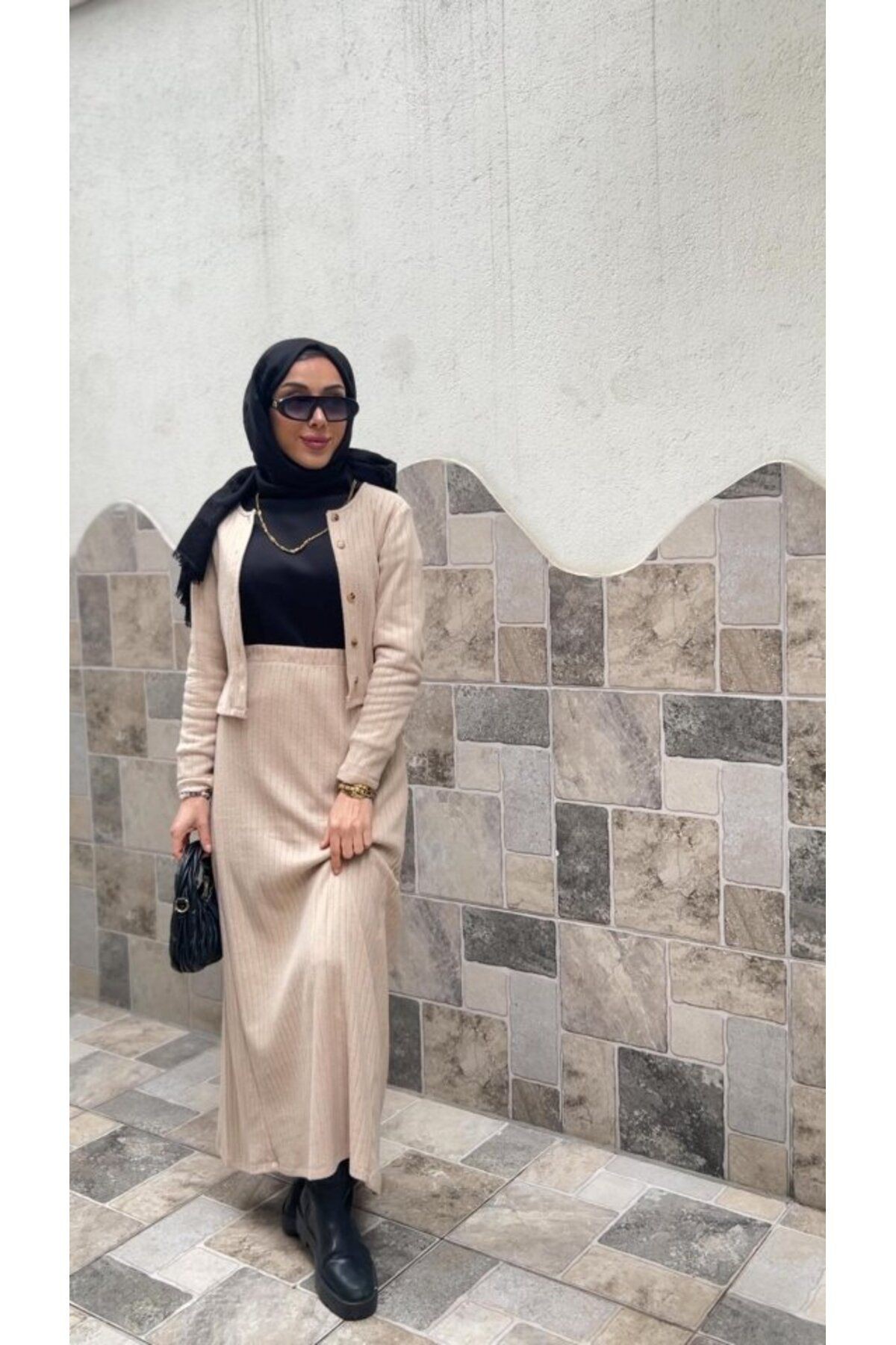 Mottisfashion Kadın Uzun Kollu önden Düğmeli Bluz Ve Yüksek Bel A Kesim Uzun Etek şardonlu Kaşkorse