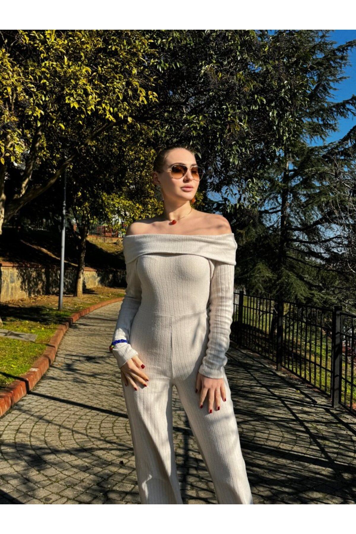 Kadın Uzun Kollu Madonna Yaka şardonlu Kaşkorse Tulum