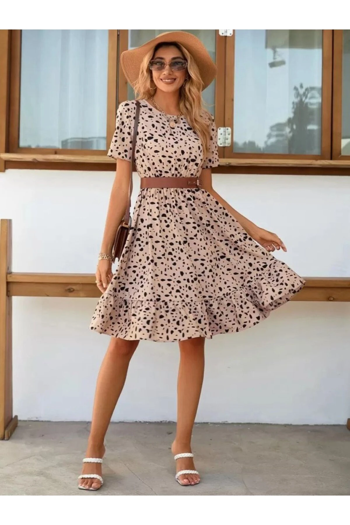 EQURİ Kadın Kısa Kollu Bisiklet Yaka Desenli Süprem Elbise