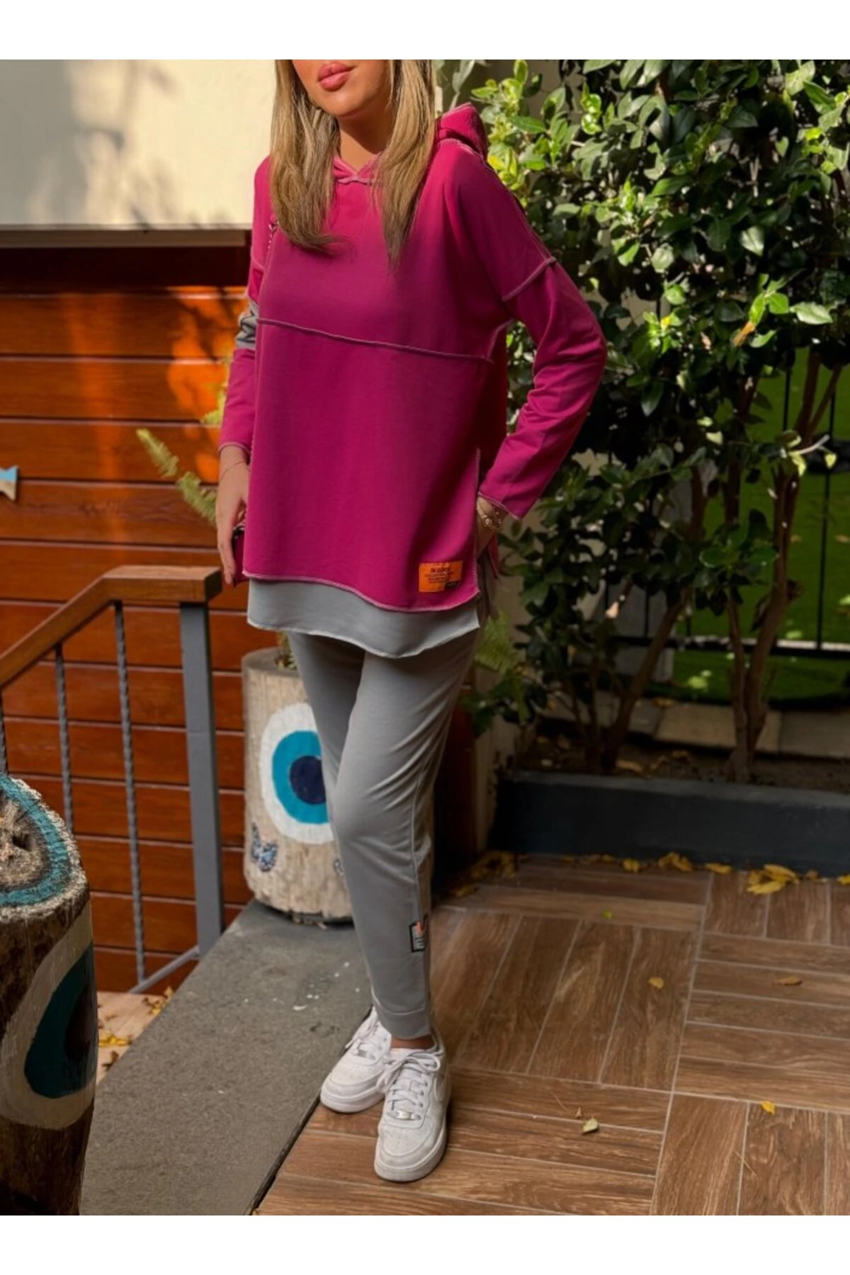 mrpurple Kadın Pembe Kapşonlu Etek Ucu Detay Arma Ters Dikiş Gorunumlu Ikili Takım