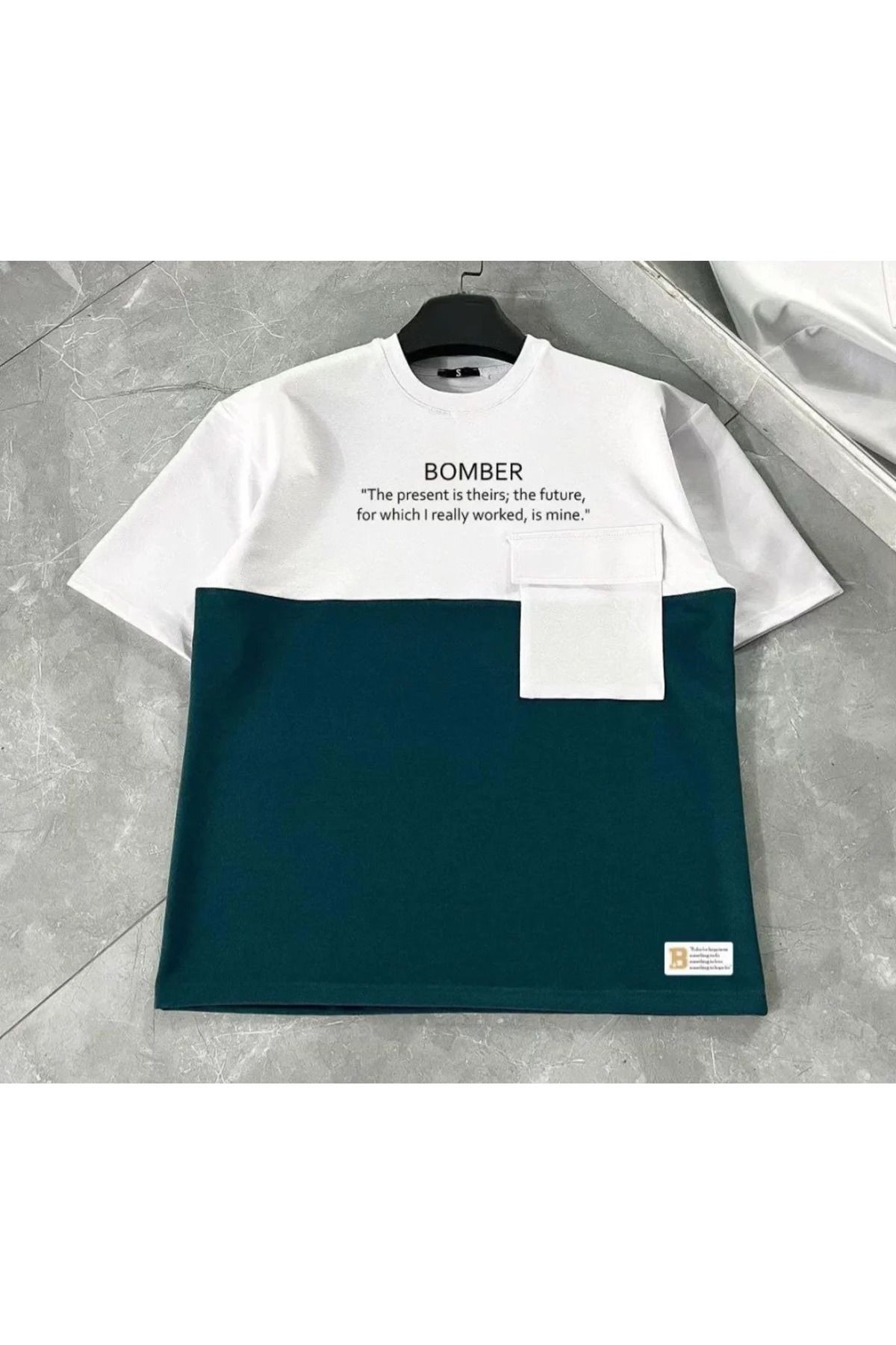 Unisex Torba Cep Detaylı Parçalı T-Shirt - Lacivert