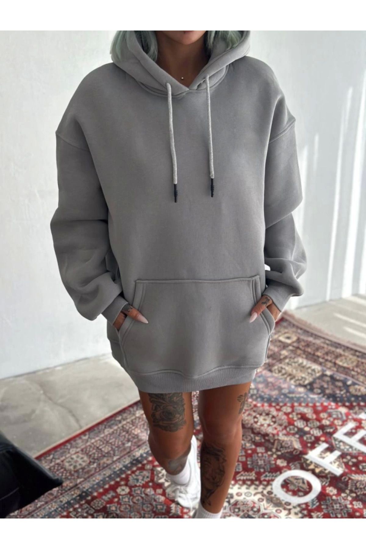 Kapşonlu Üç İplik Penye Basic SweatShirt - Boyalı Gri