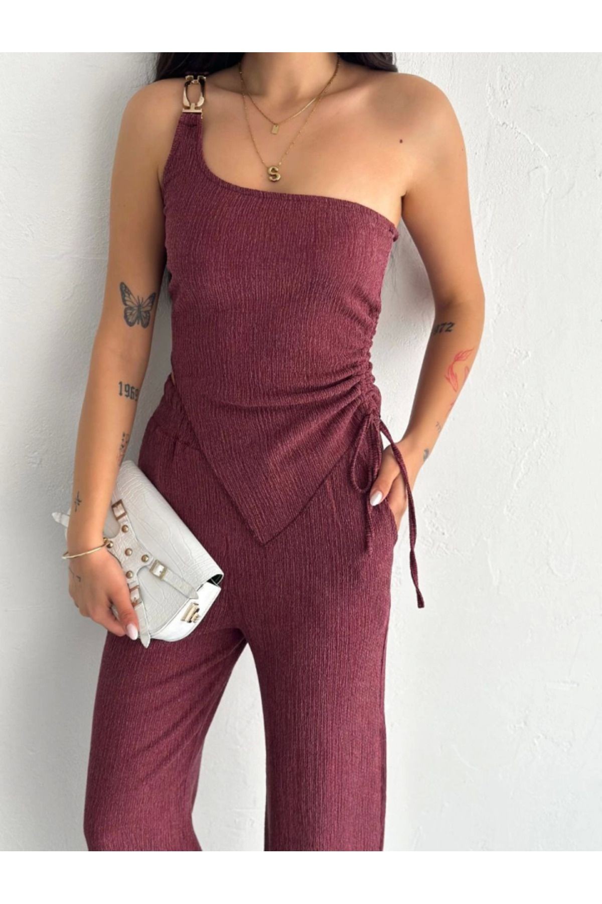 Asimetrik Crop Pantalon Ikili Takım - Gül Kurusu