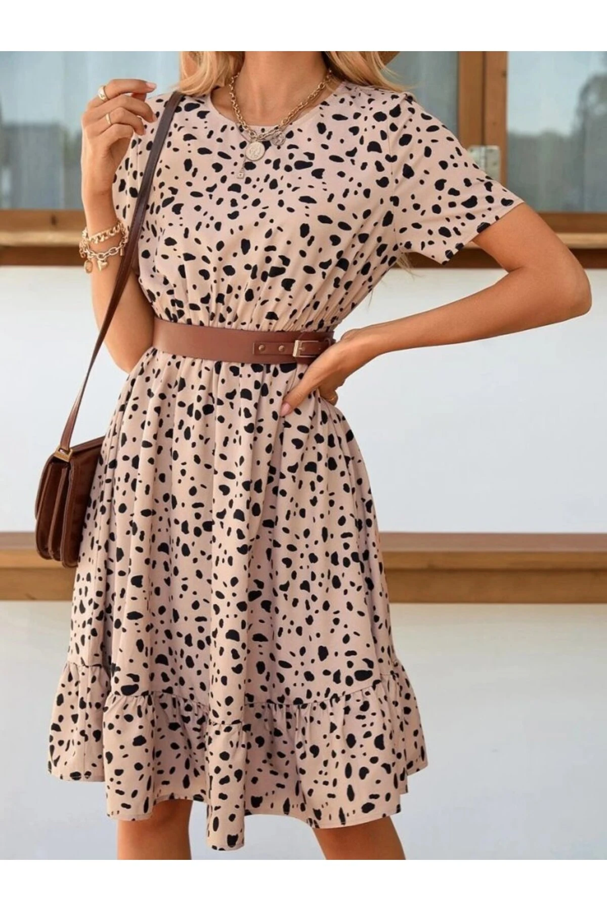 EQURİ Kadın Kısa Kollu Bisiklet Yaka Desenli Süprem Elbise