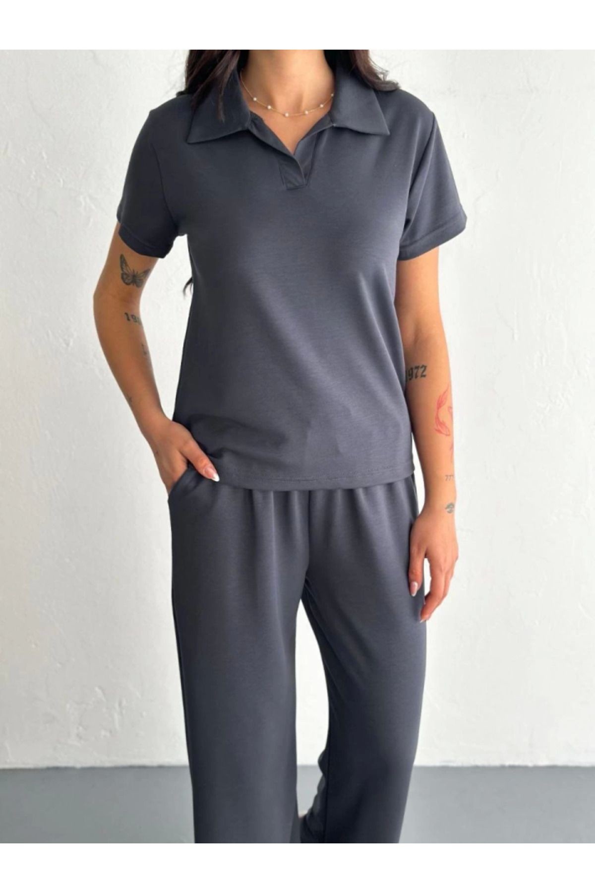 Osy Modal Yumuşak Dokulu Kumaş Kısa Kollu Yakalı T-shirt Pantalon Ikili Takım- Antrasit